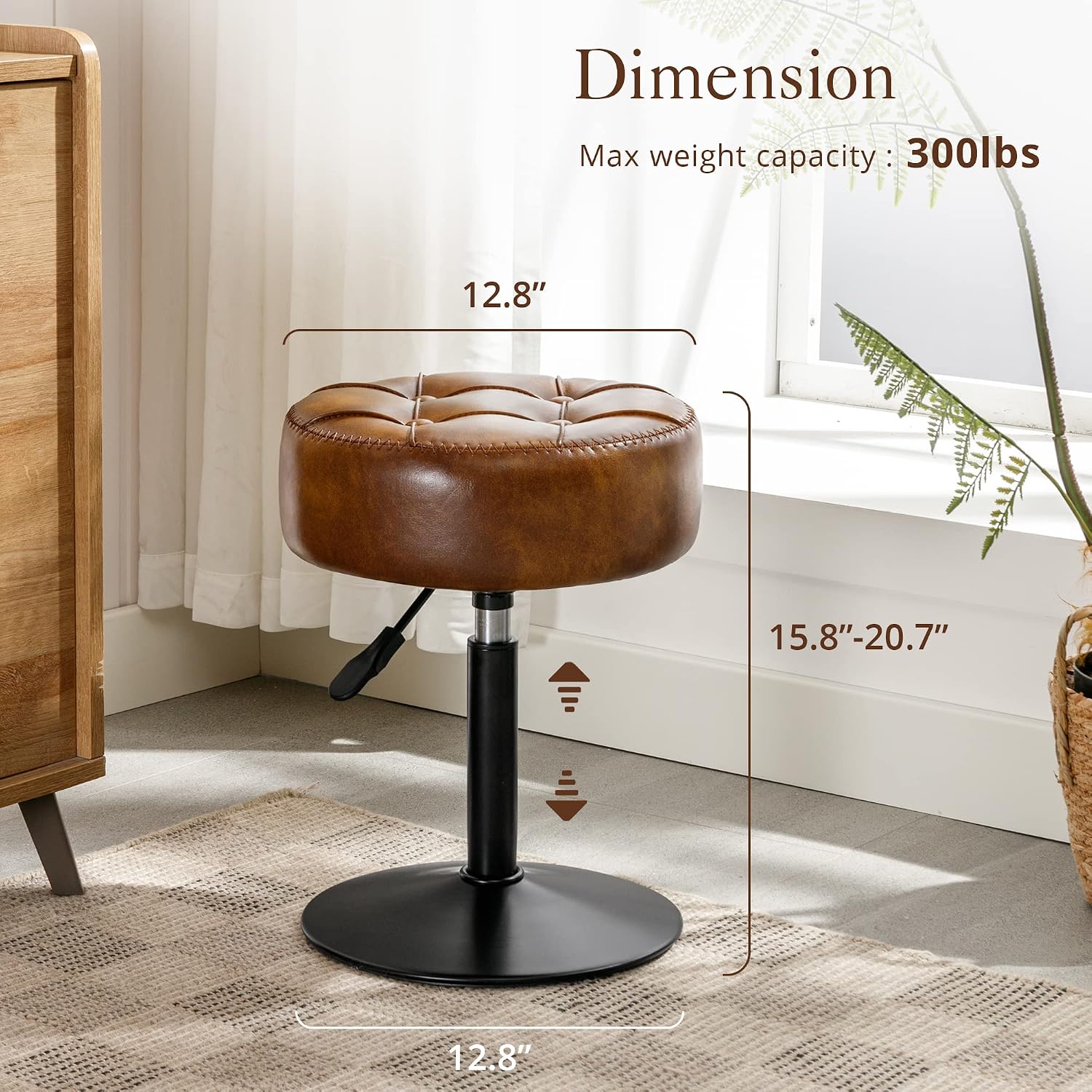 Brown Swivel Adjustable Faux Leather Vanity Stool