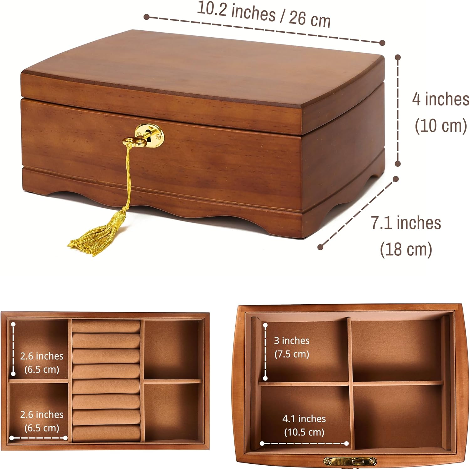 Brown Antique Lockable Wooden Jewelry Organizer Box
