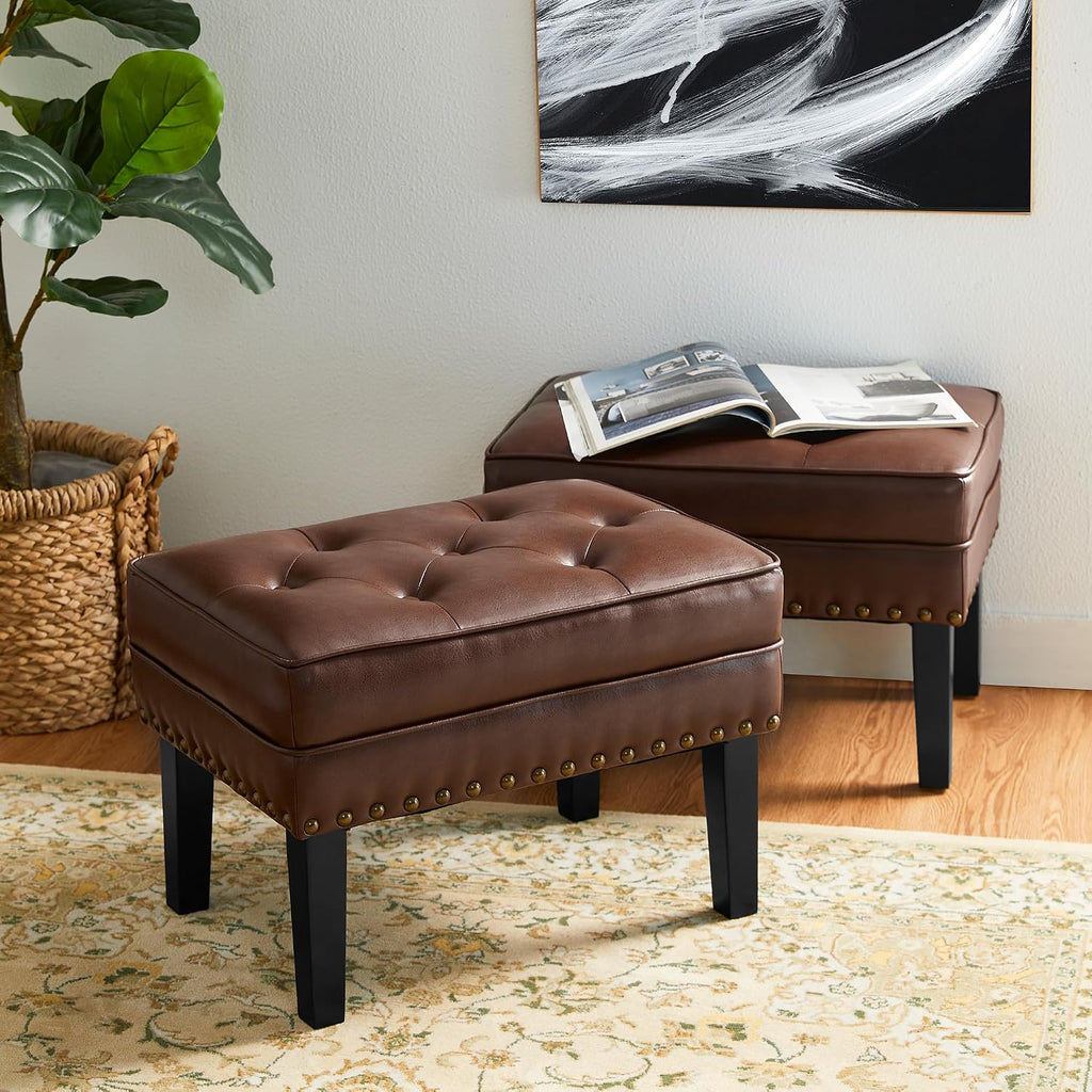 Vintage Tufted Faux Leather Square Ottoman Stools