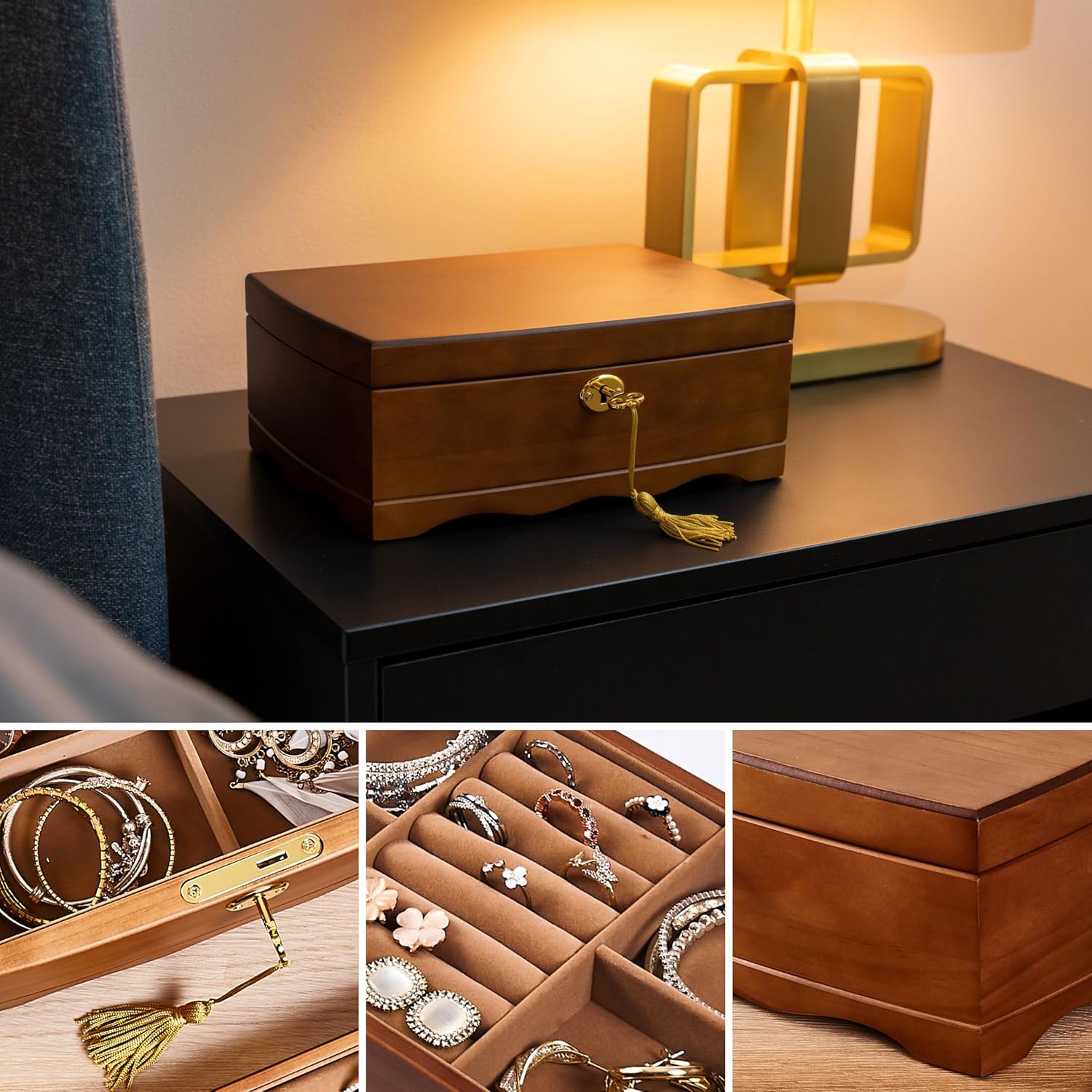 Brown Antique Lockable Wooden Jewelry Organizer Box