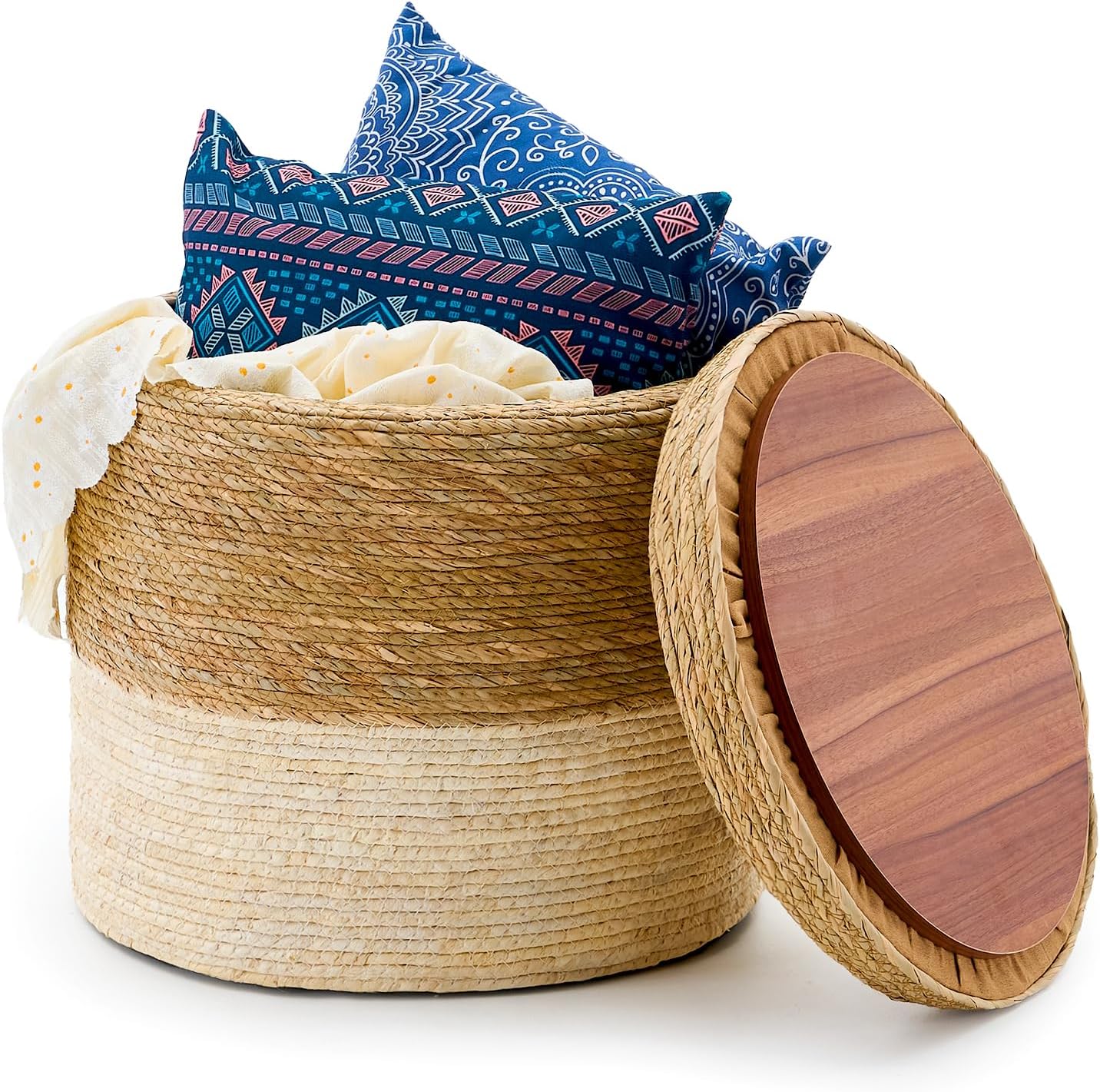 Boho Woven Straw Round Outdoor Pouf Ottoman