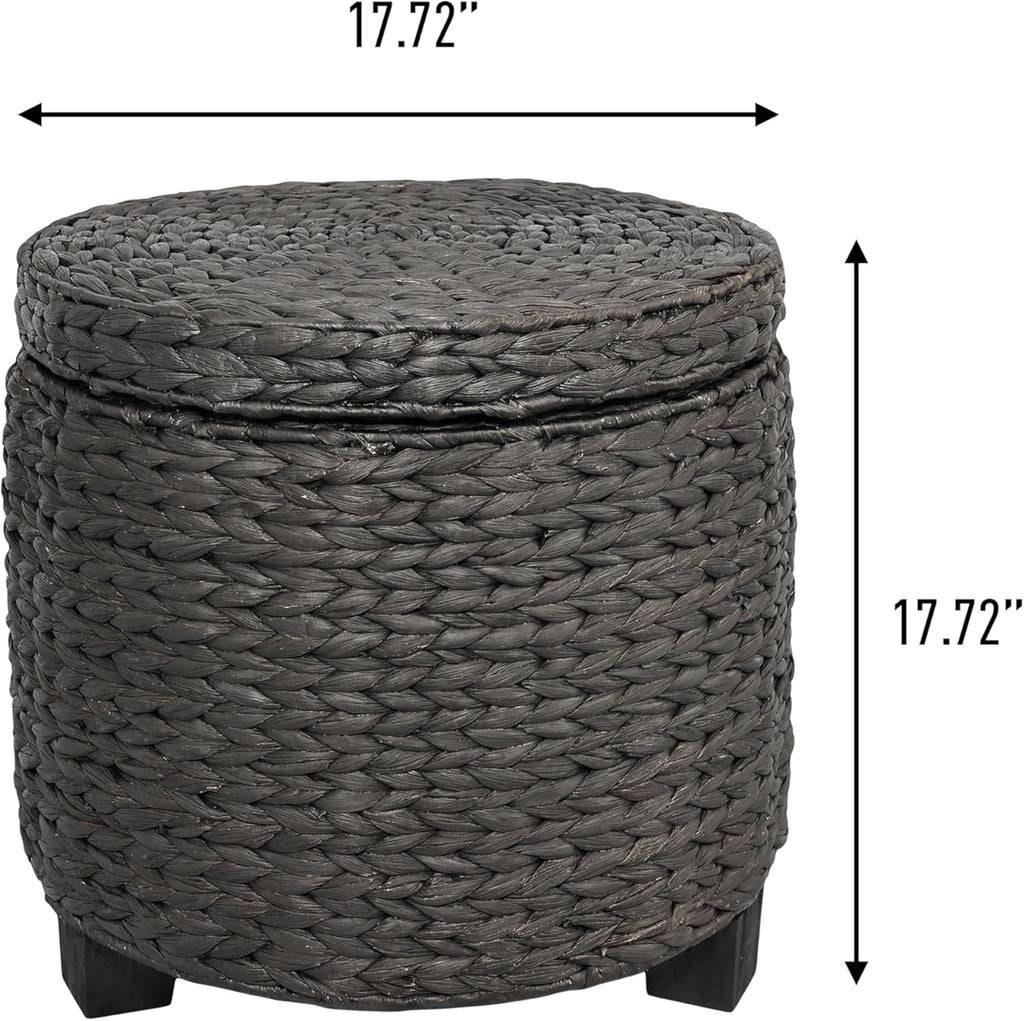 Black Water Hyacinth Storage Ottoman Wooden Legs