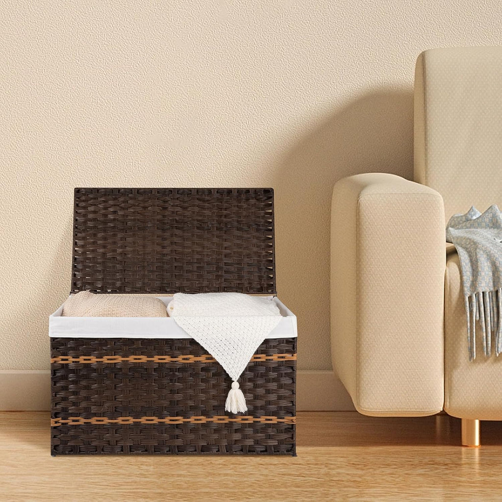 Brown Synthetic Wicker Storage Basket With Lid