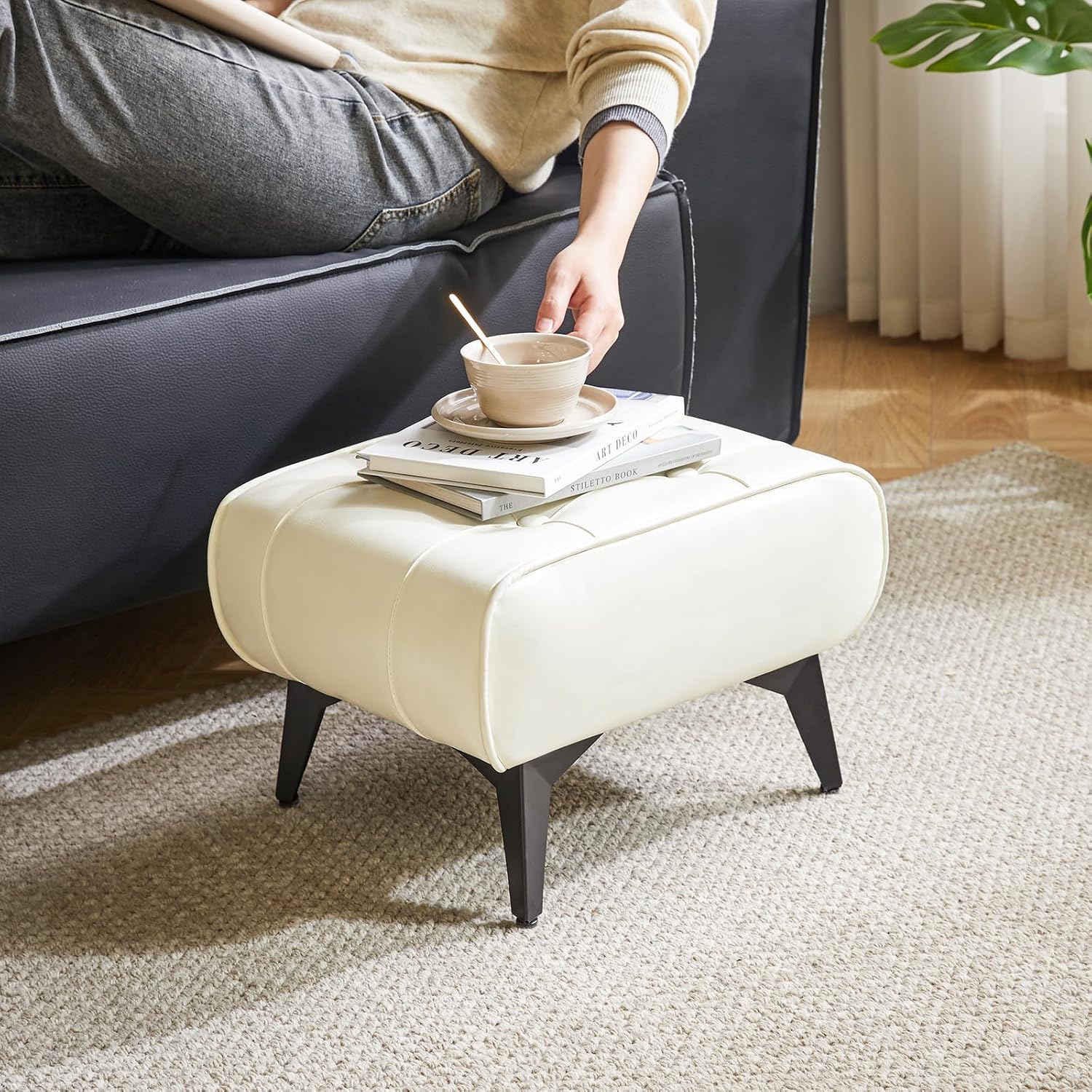 White Faux Leather Metal Leg Square Ottoman Stool
