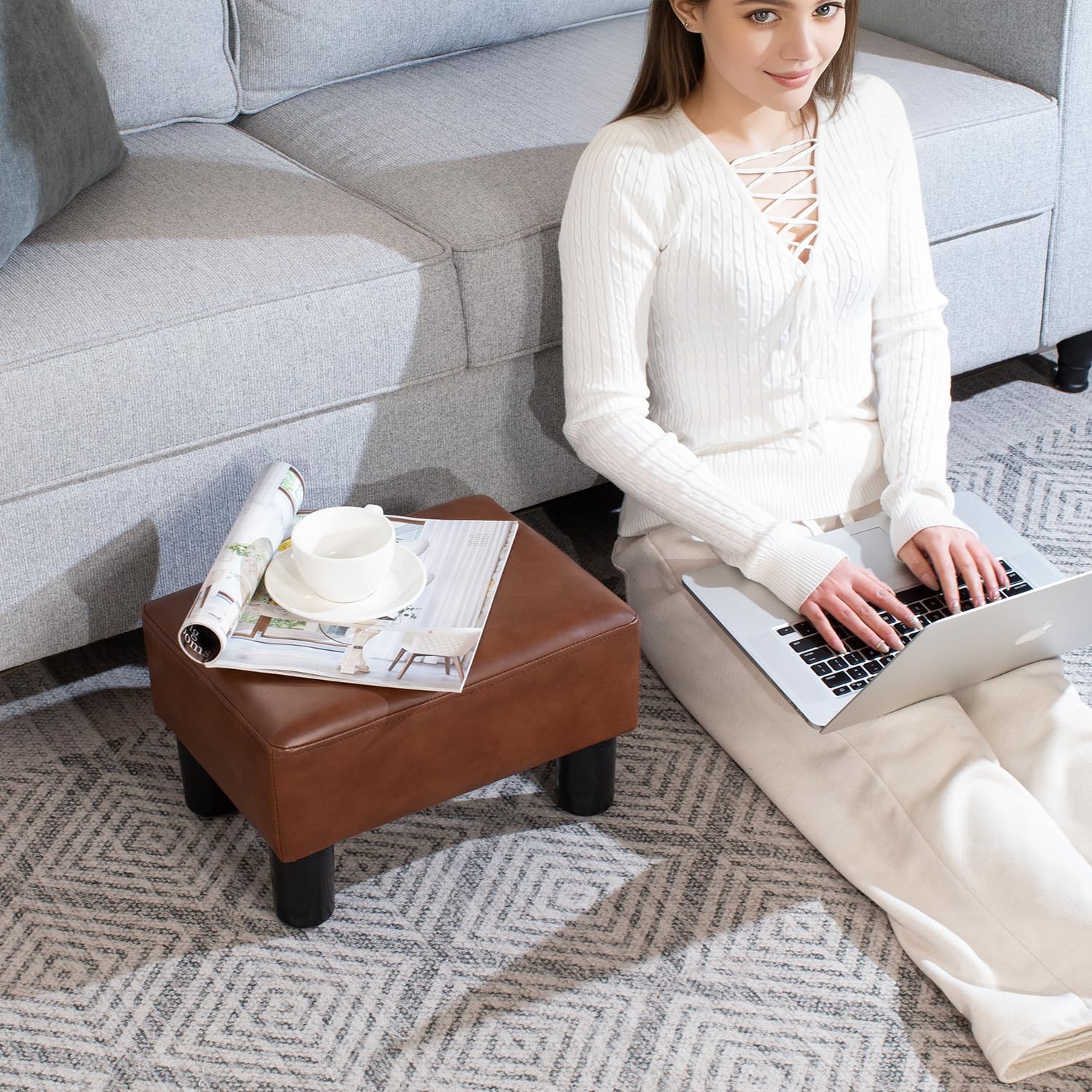 Gold Brown PU Leather Padded Ottoman Footrest