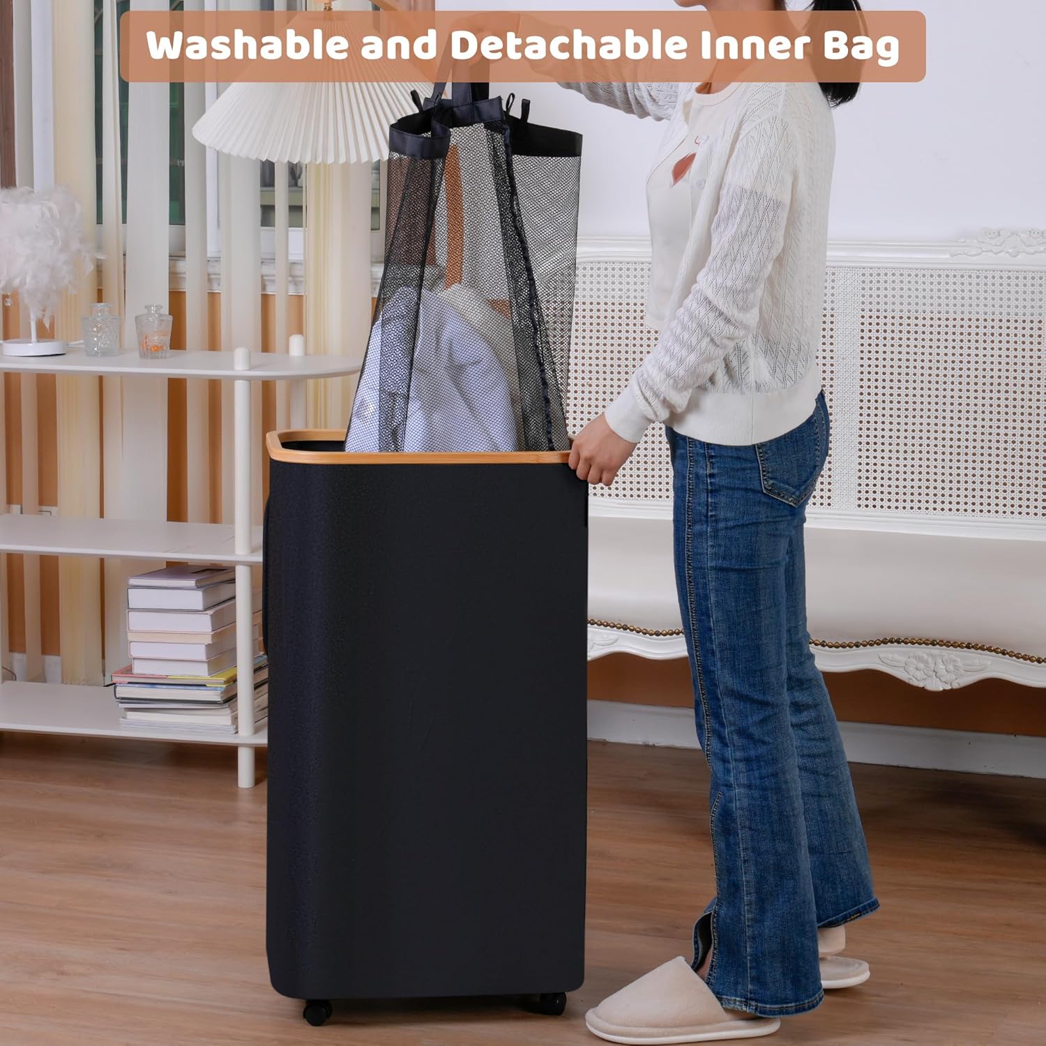 Black 110L Wheeled Bamboo Frame Laundry Hamper