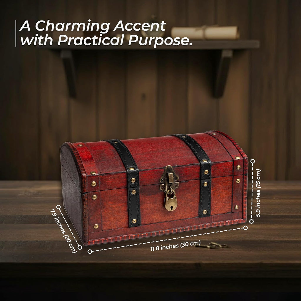 Red Lockable Vintage Wooden Treasure Storage Chest