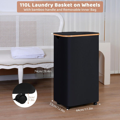 Black 110L Wheeled Bamboo Frame Laundry Hamper