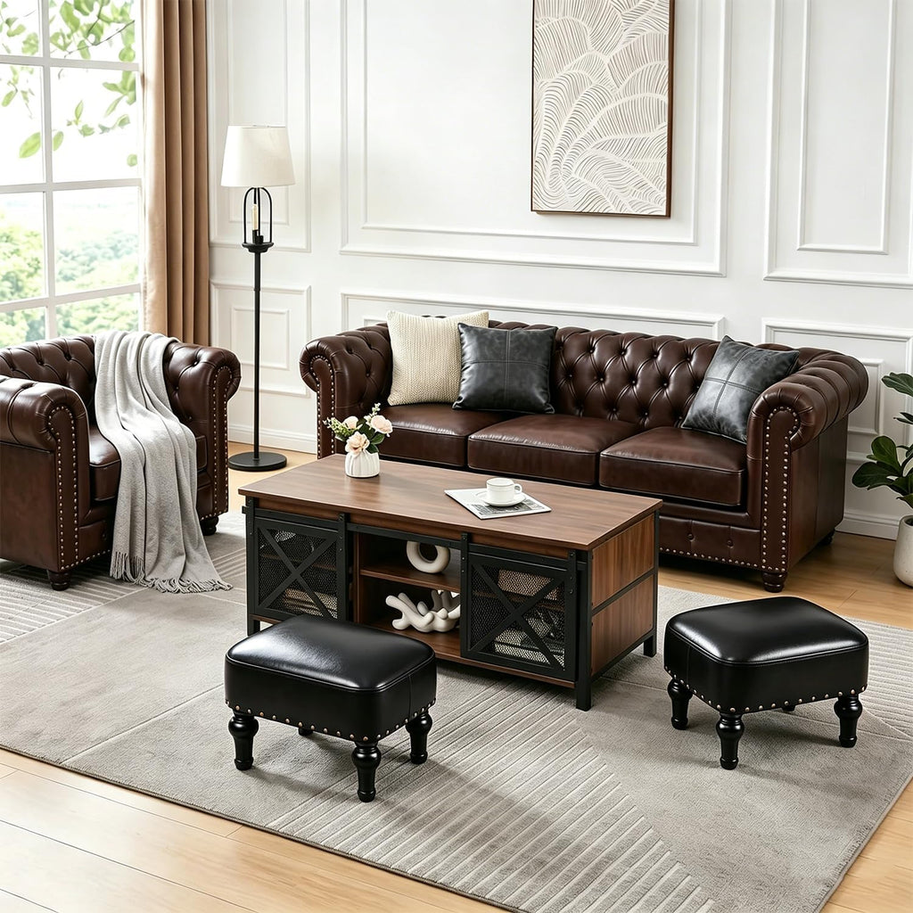 Black Leather Wood Rectangle Ottoman Footrest Stool