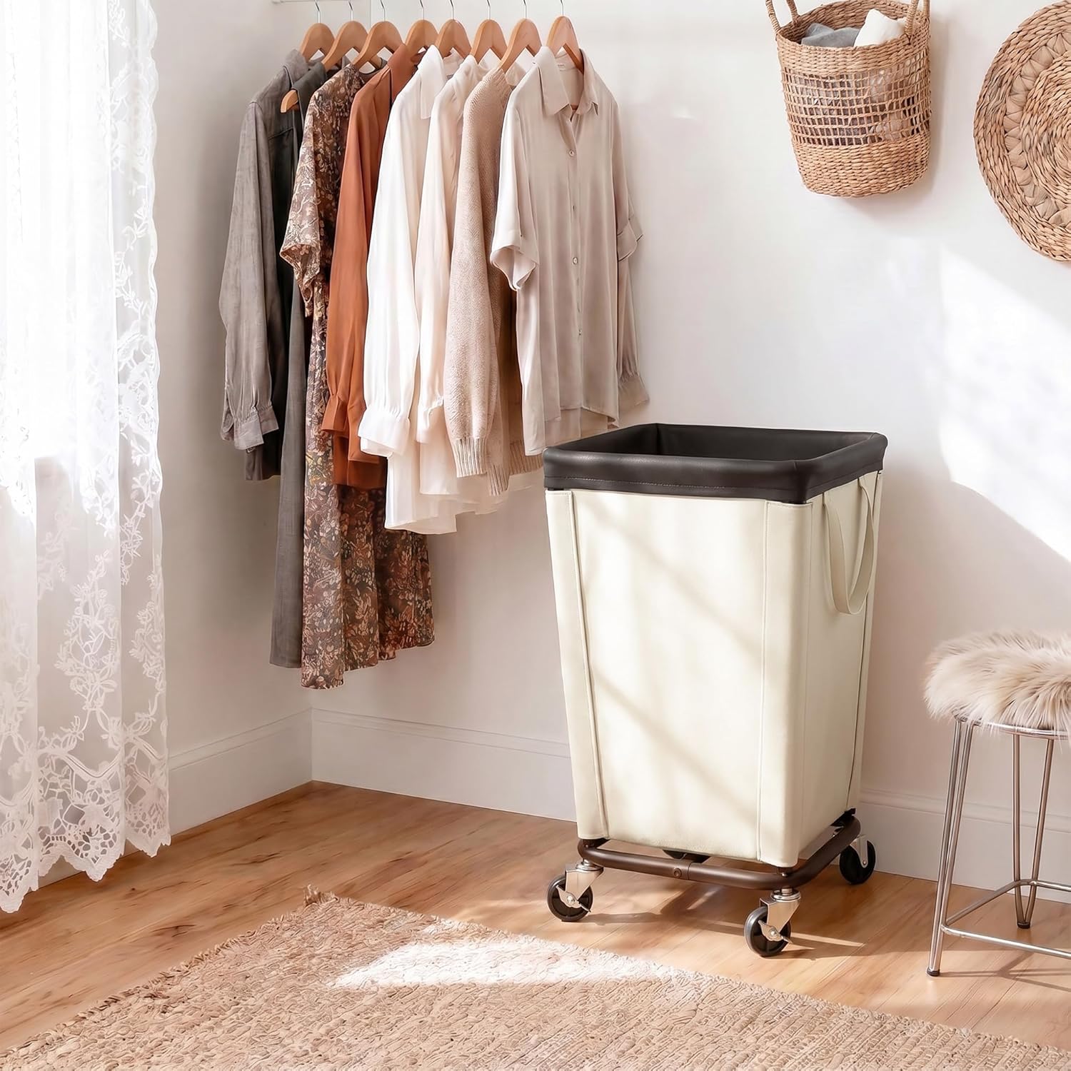 Beige Wheeled 160L Rolling Laundry Hamper Basket