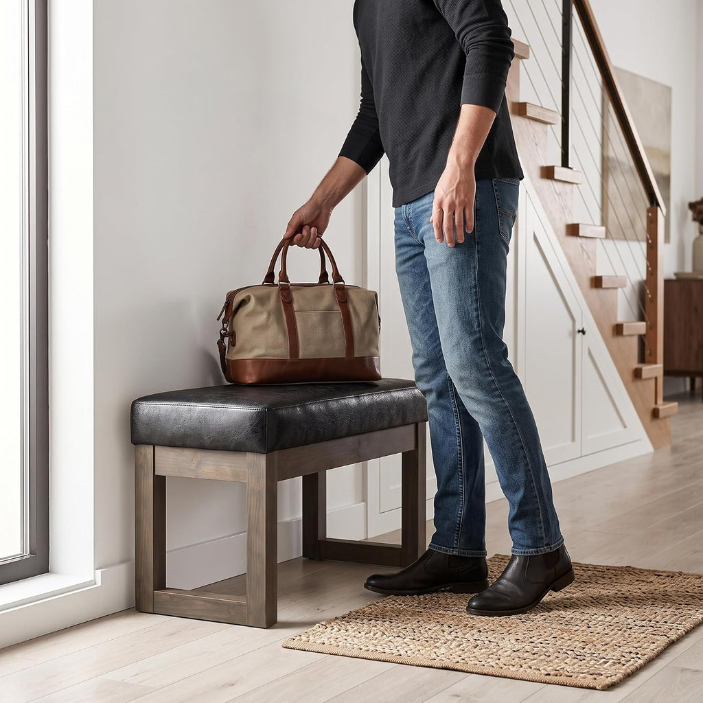 Distressed Black Vegan Leather Rectangle Ottoman Bench