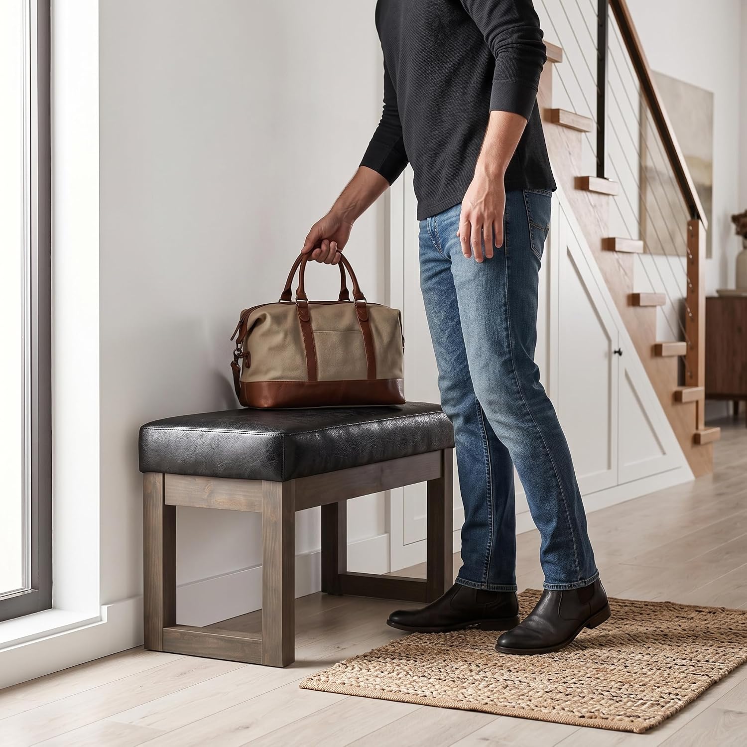 Distressed Black Vegan Leather Rectangle Ottoman Bench