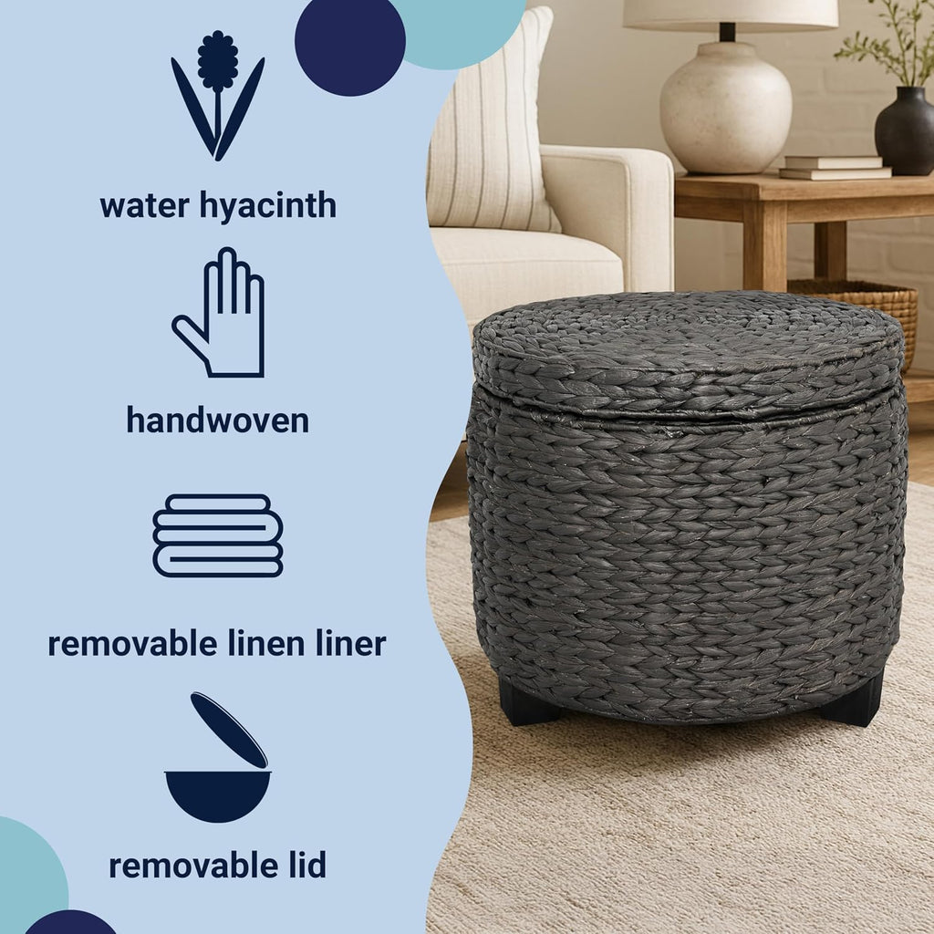 Black Water Hyacinth Storage Ottoman With Lid
