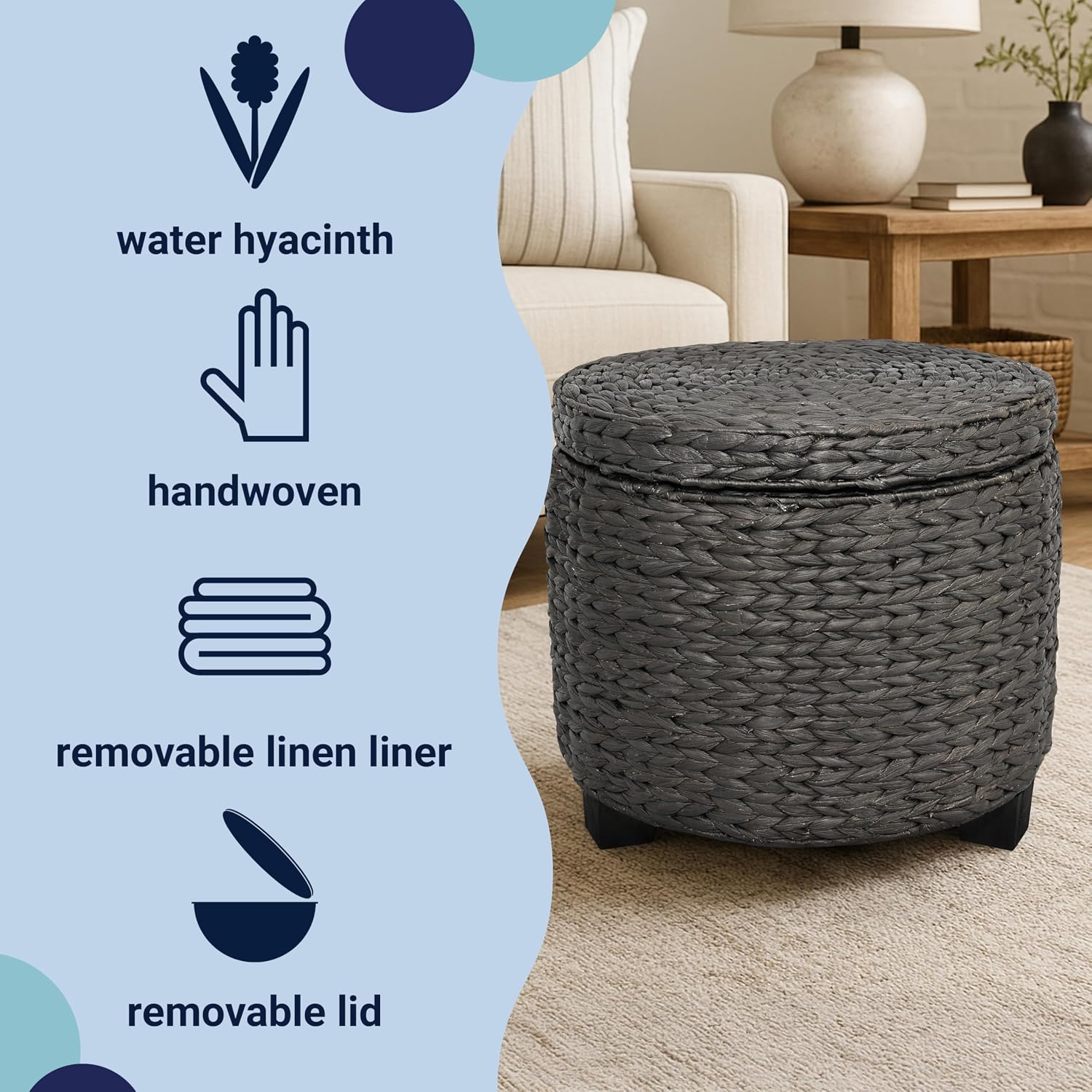 Black Water Hyacinth Storage Ottoman With Lid