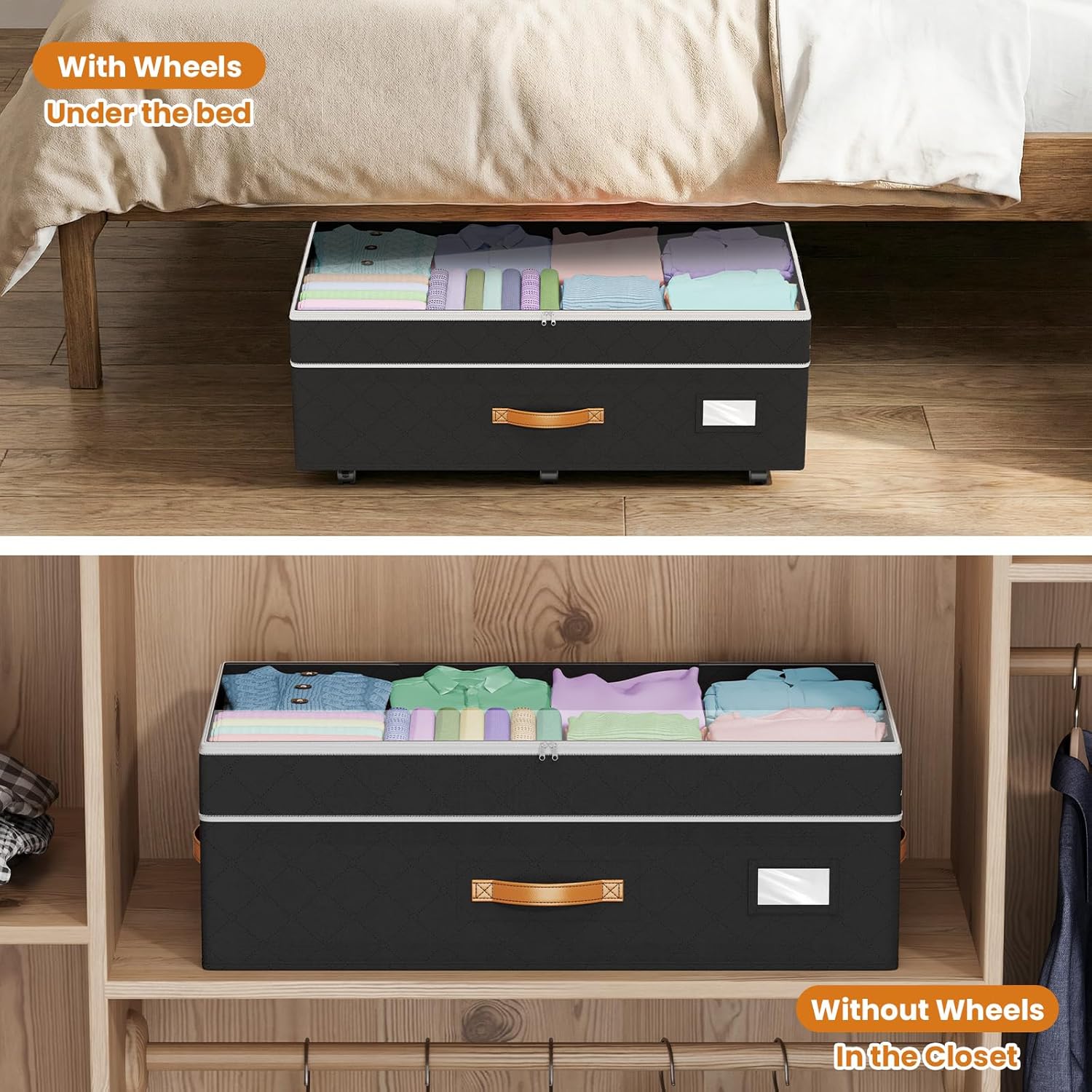 2 Pack Black Wheeled 80L Under Bed Storage Containers