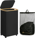 Black 110L Wheeled Bamboo Frame Laundry Hamper