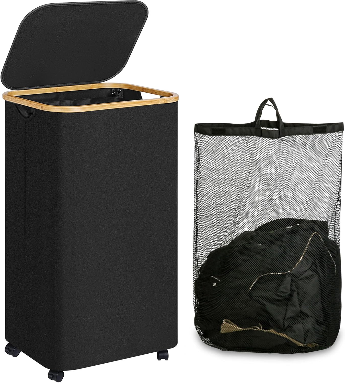 Black 110L Wheeled Bamboo Frame Laundry Hamper