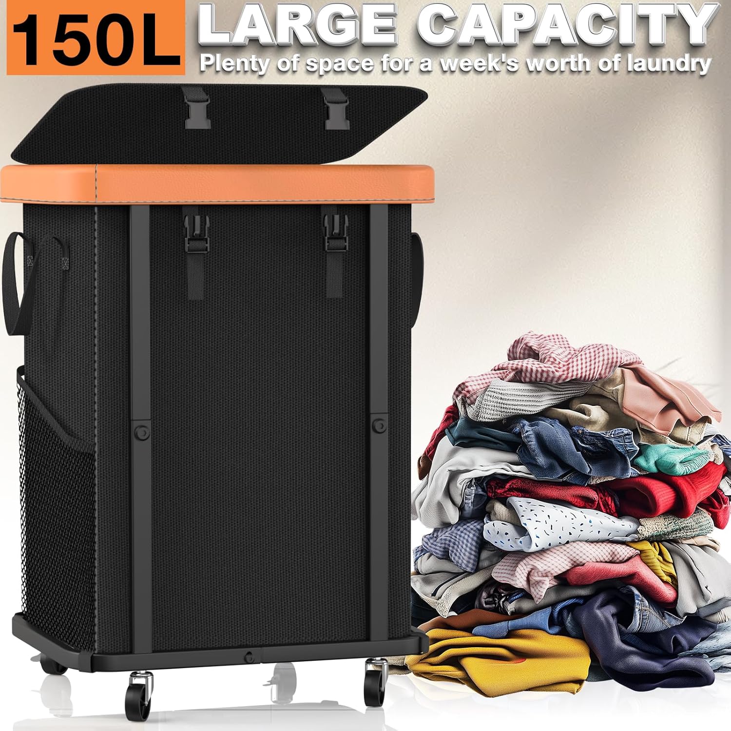 Black Wheeled Leather Patchwork 150L Laundry Hamper Cart