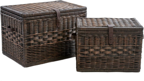 Antique Walnut Rattan Wicker Storage Trunk