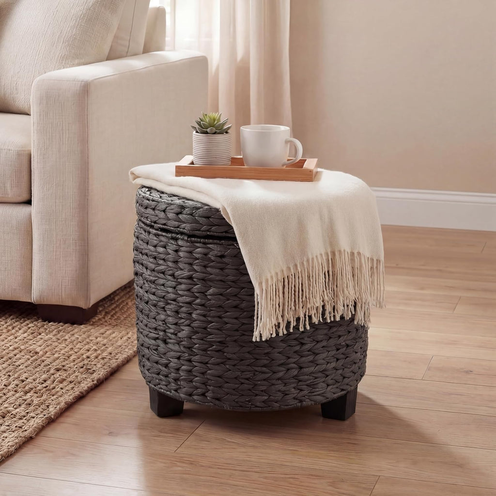 Black Water Hyacinth Storage Ottoman Wooden Legs