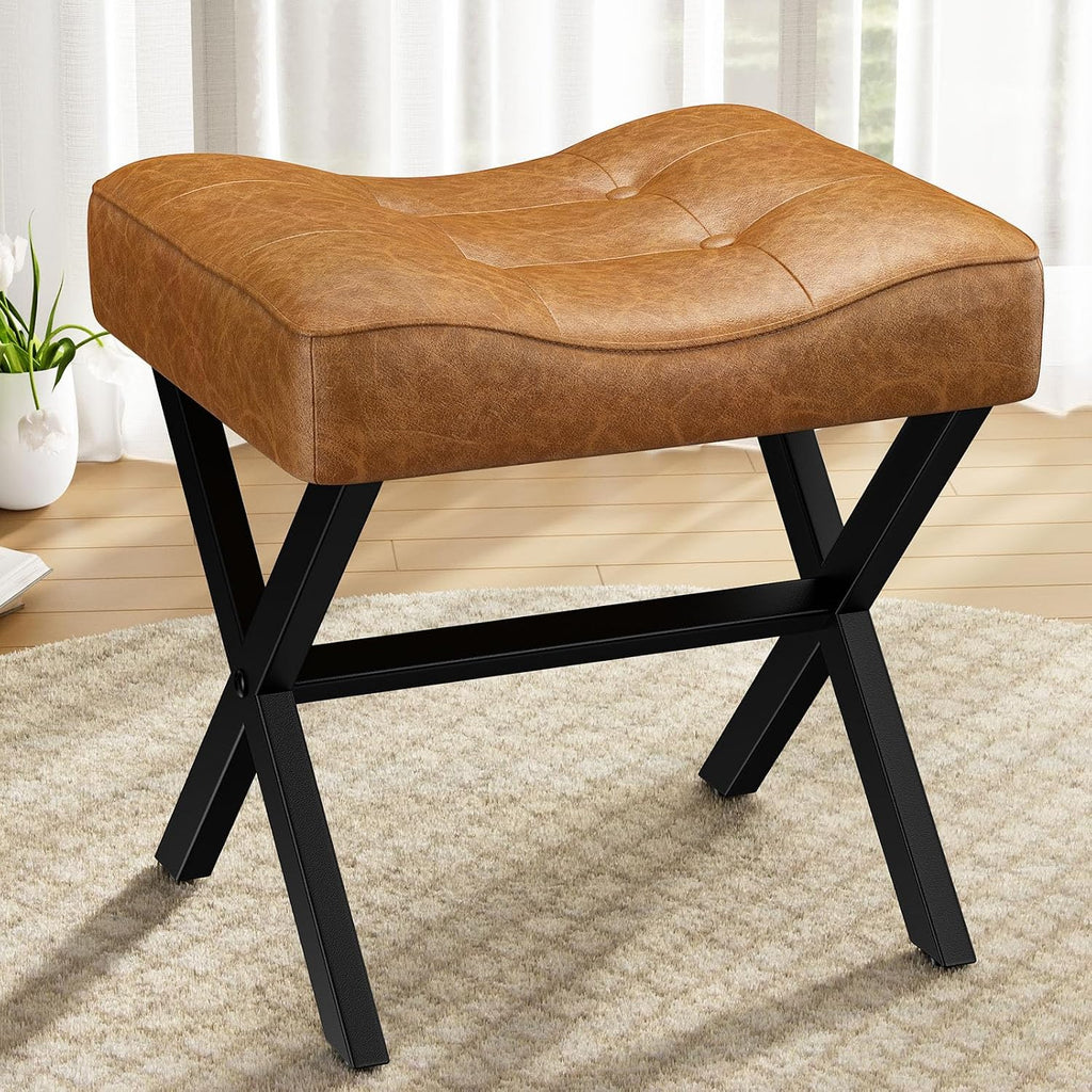 Brown Leather Metal X-Leg Vanity Ottoman Stool