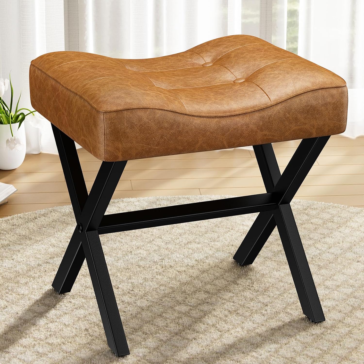 Brown Leather Metal X-Leg Vanity Ottoman Stool