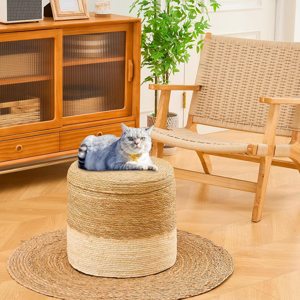 Boho Woven Straw Round Outdoor Pouf Ottoman