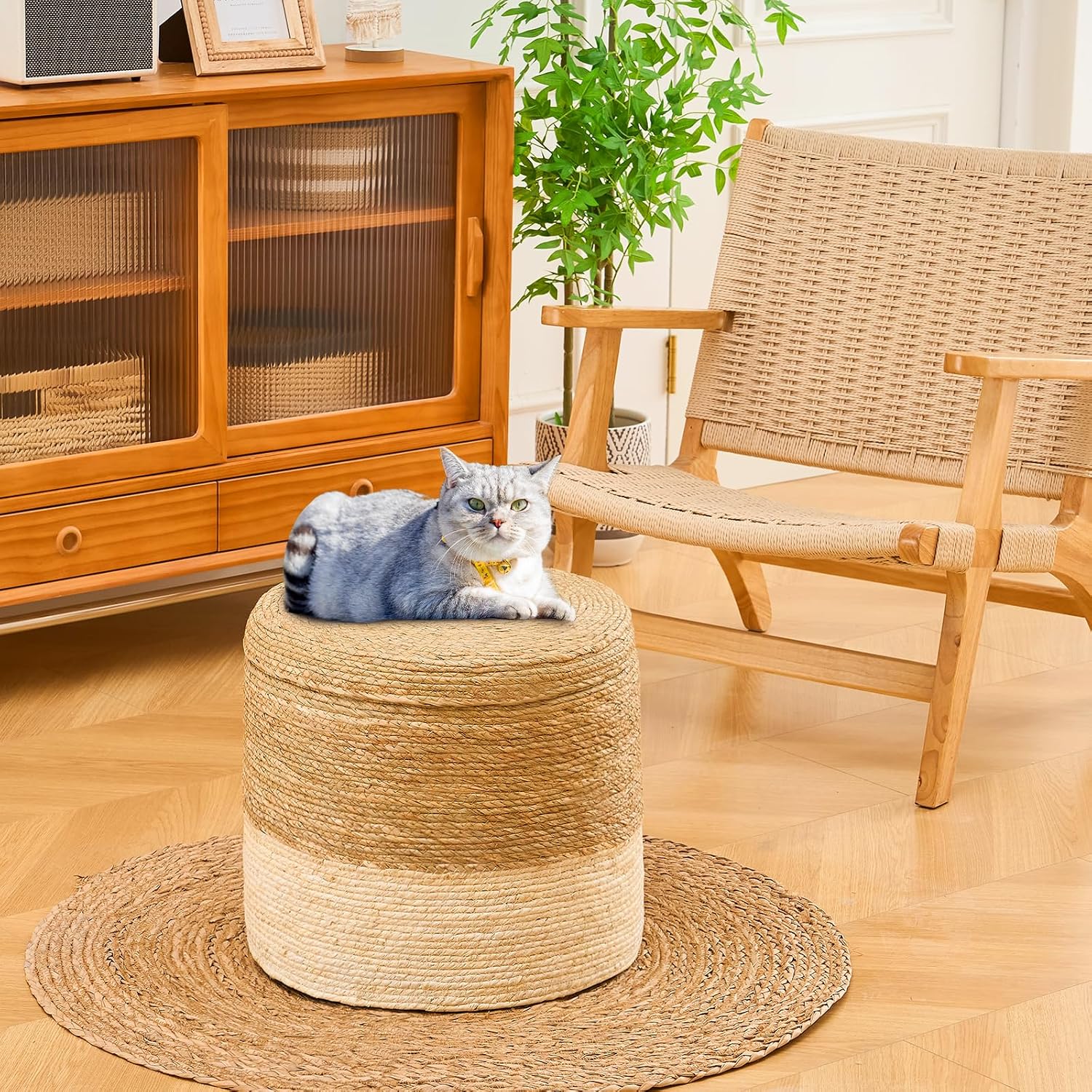 Boho Woven Straw Round Outdoor Pouf Ottoman