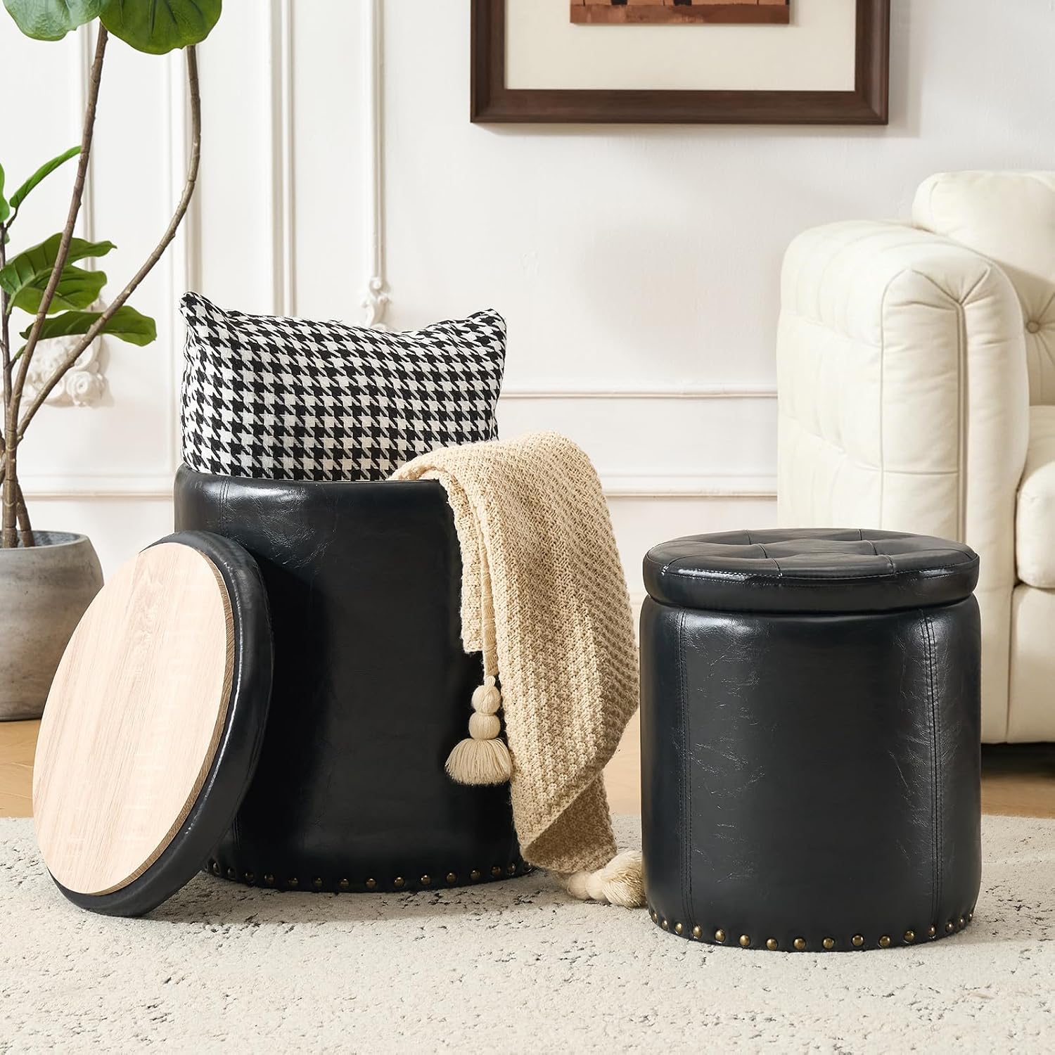 Black Tufted Faux Leather Round Storage Ottomans