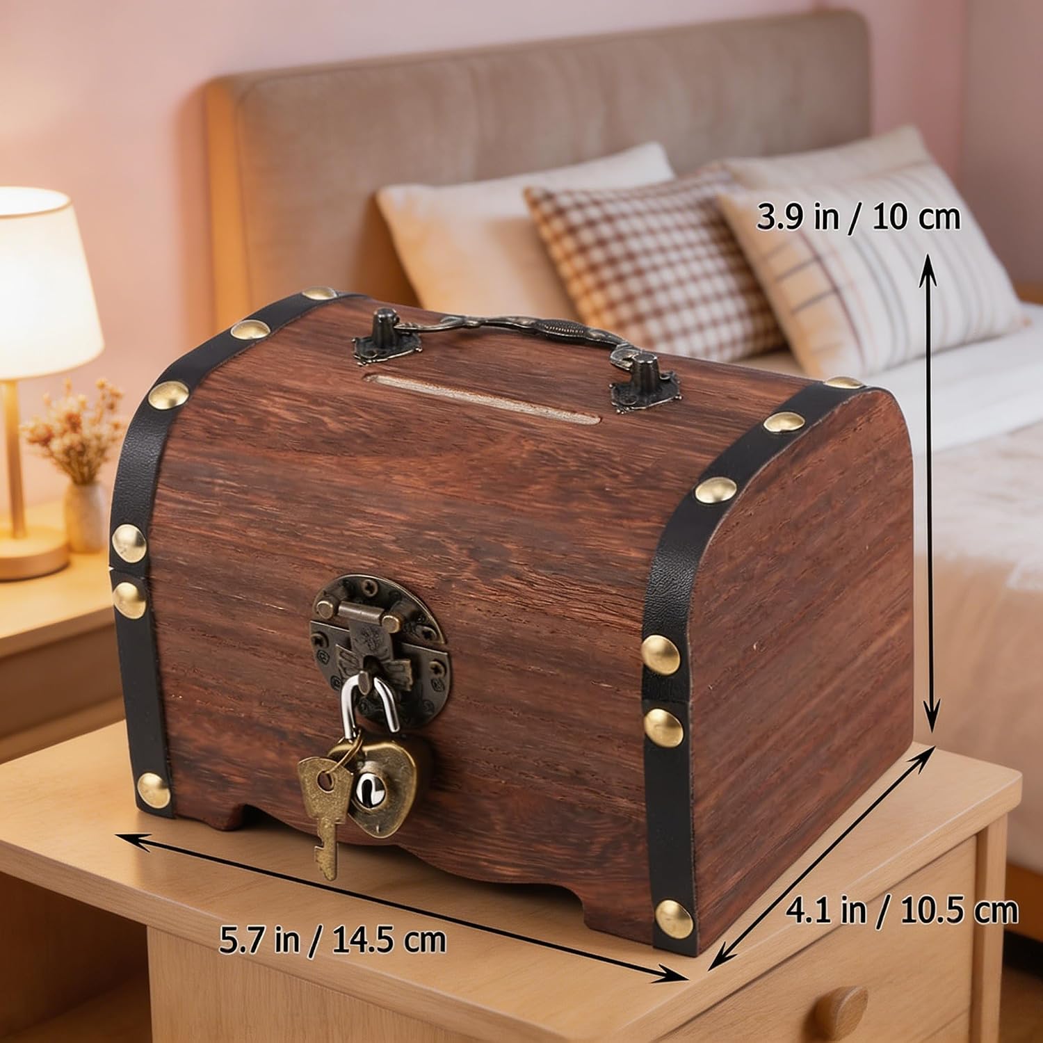 Retro Lockable Wooden Treasure Chest Coin Storage Box