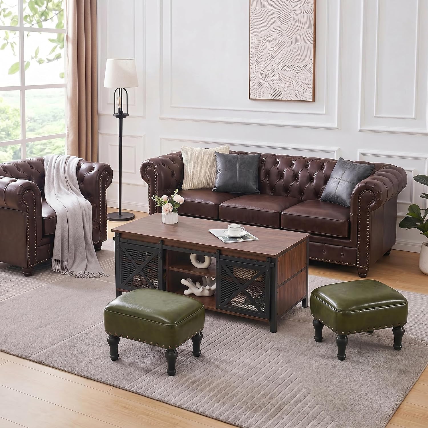 Green Leather Beechwood Storage Ottoman Footrest