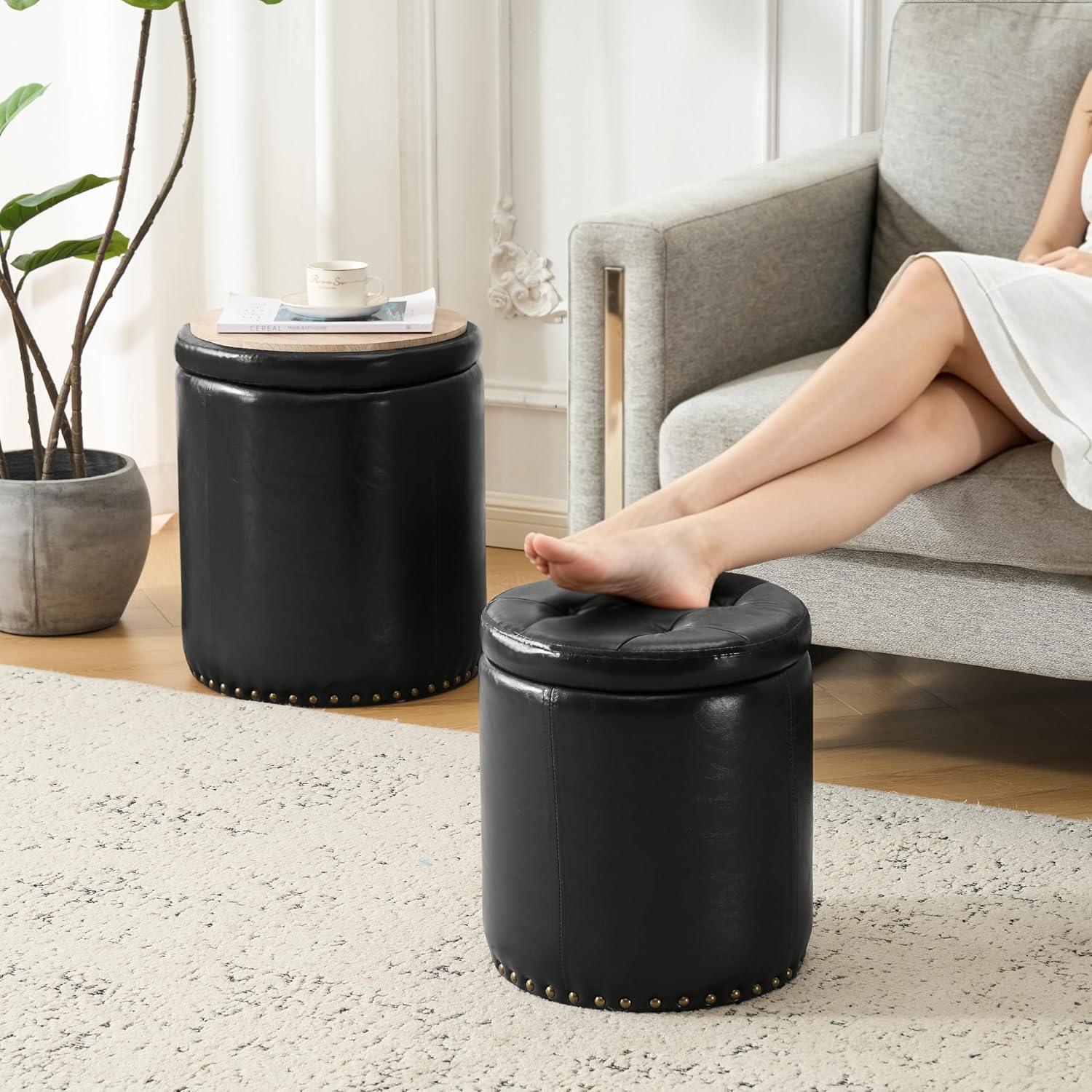 Black Tufted Faux Leather Round Storage Ottomans
