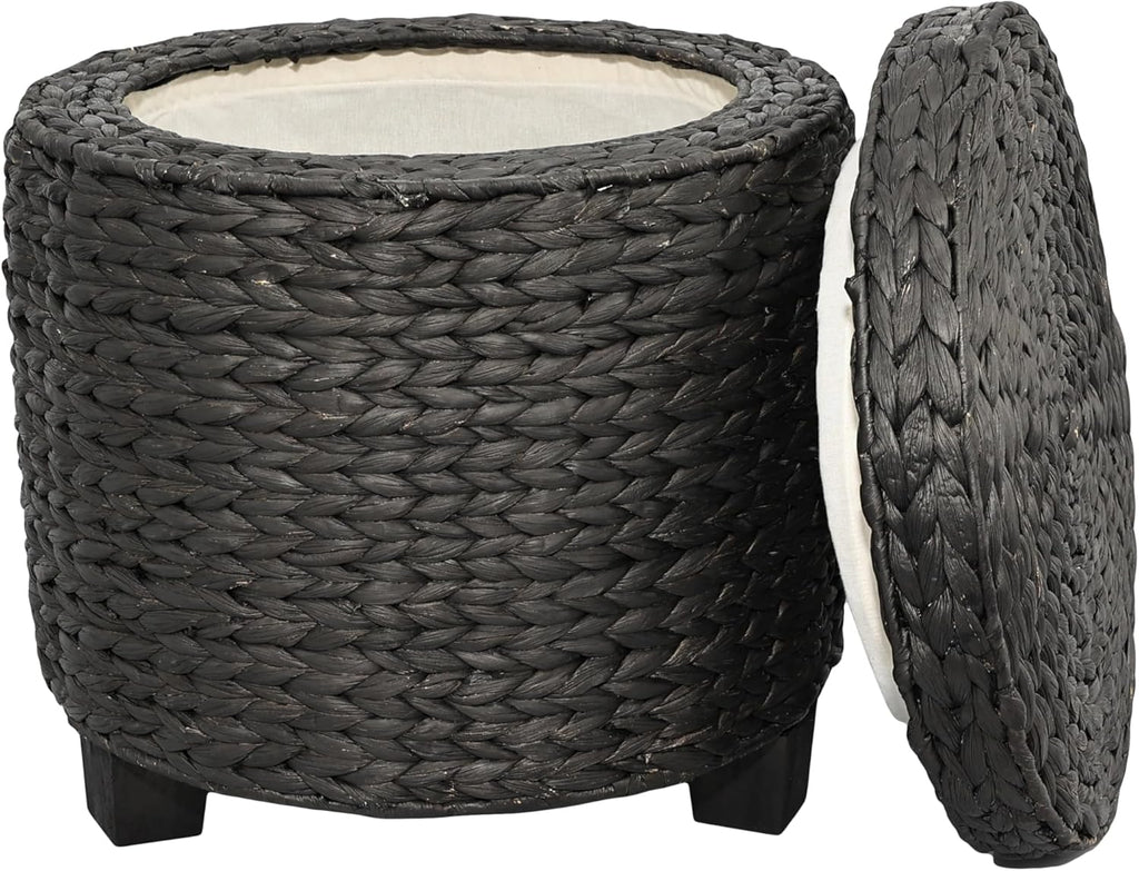 Black Water Hyacinth Storage Ottoman Wooden Legs