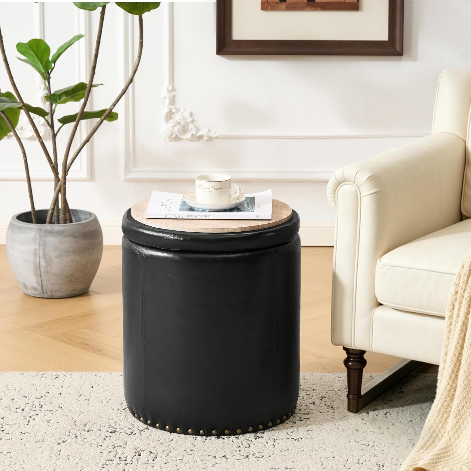 Black Tufted Faux Leather Round Storage Ottomans