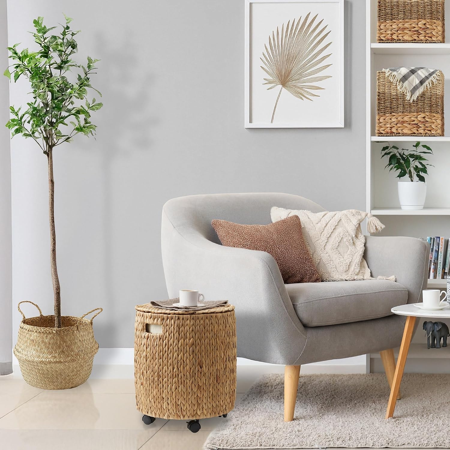 Natural Wheeled Round Water Hyacinth Storage Basket