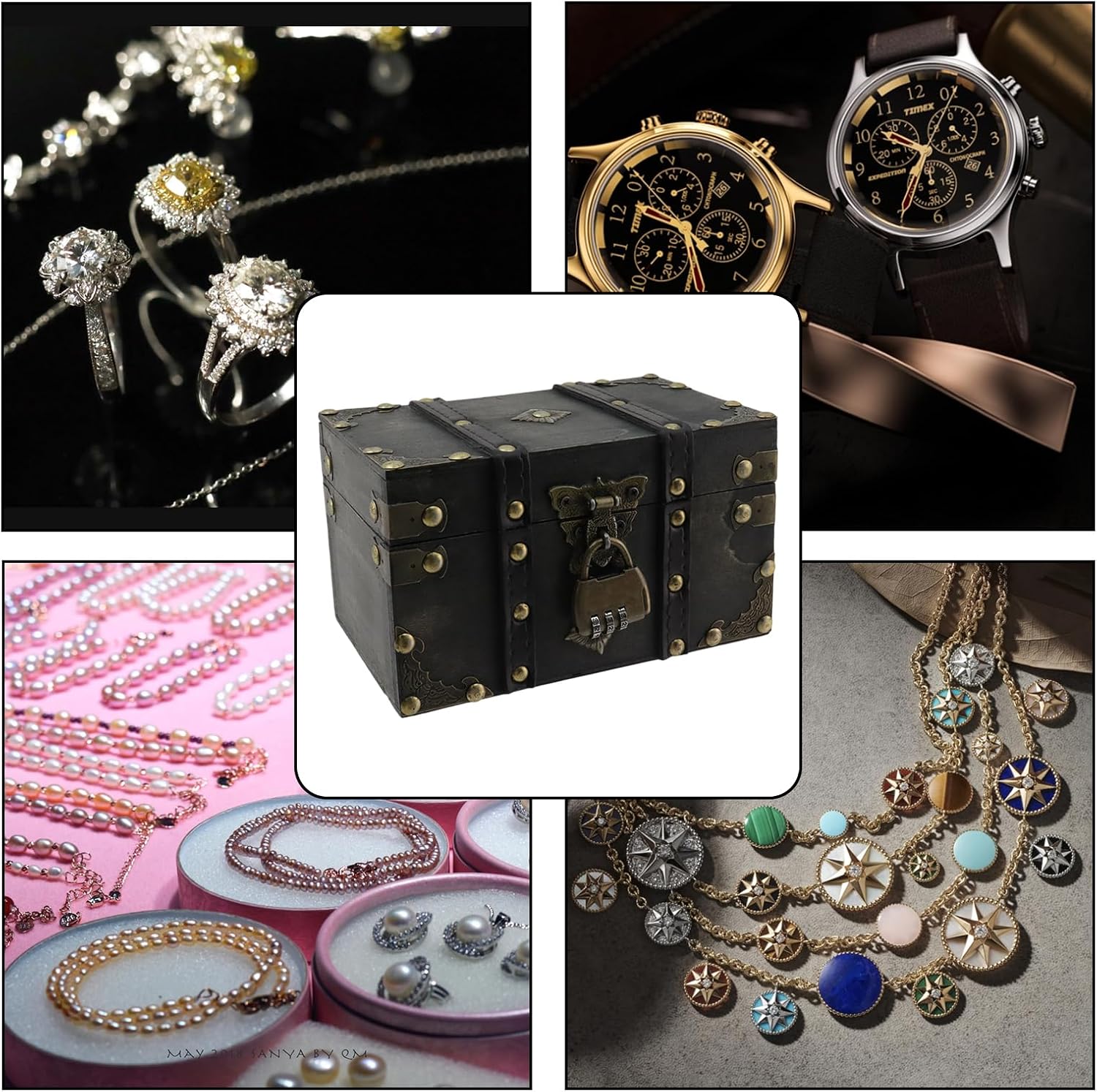 Gray Vintage Lockable Wooden Jewelry Treasure Chest