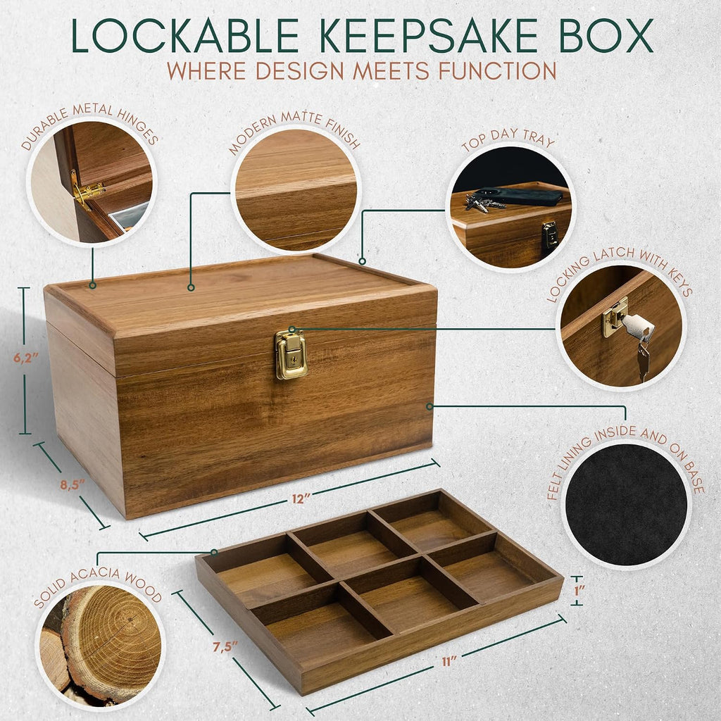 Lockable Wooden Memory Keepsake Box With Adjustable Tray