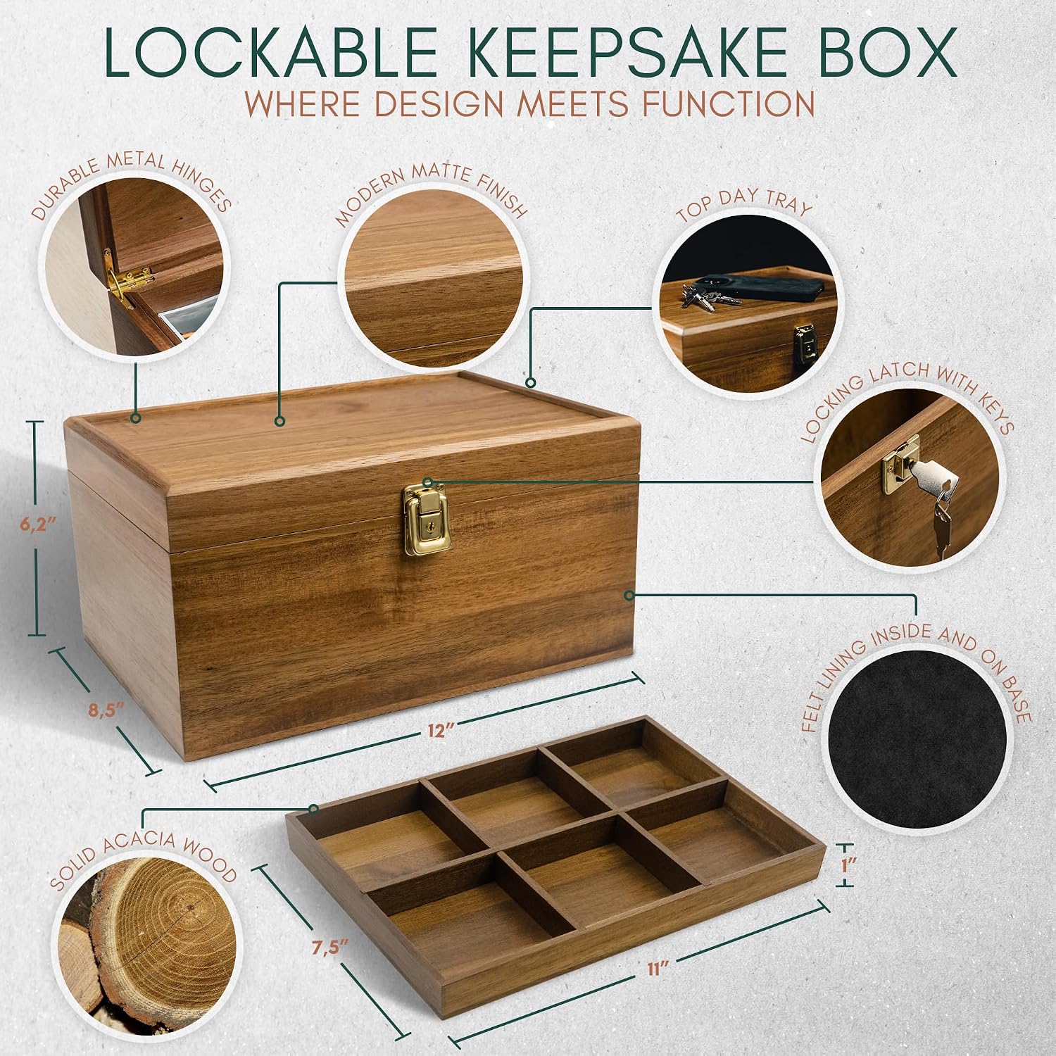 Lockable Wooden Memory Keepsake Box With Adjustable Tray
