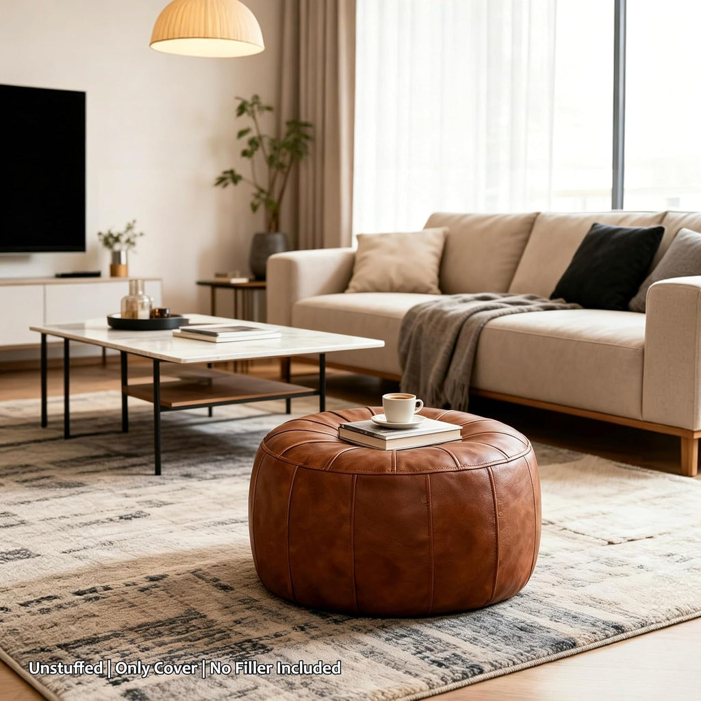 Light Brown Handmade Faux Leather Storage Pouf Ottoman