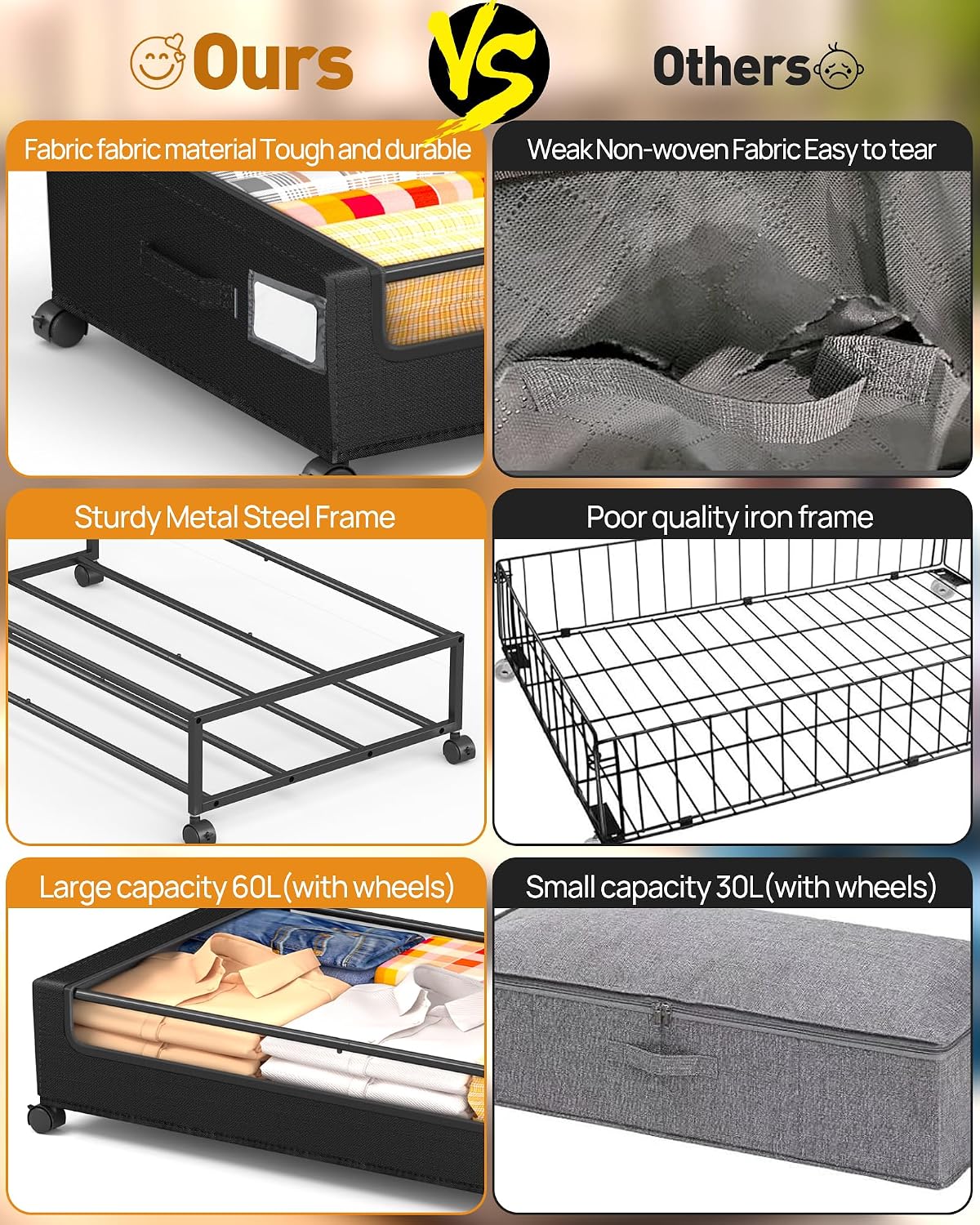 2 Pack 60L Wheeled Square Under Bed Storage Bins