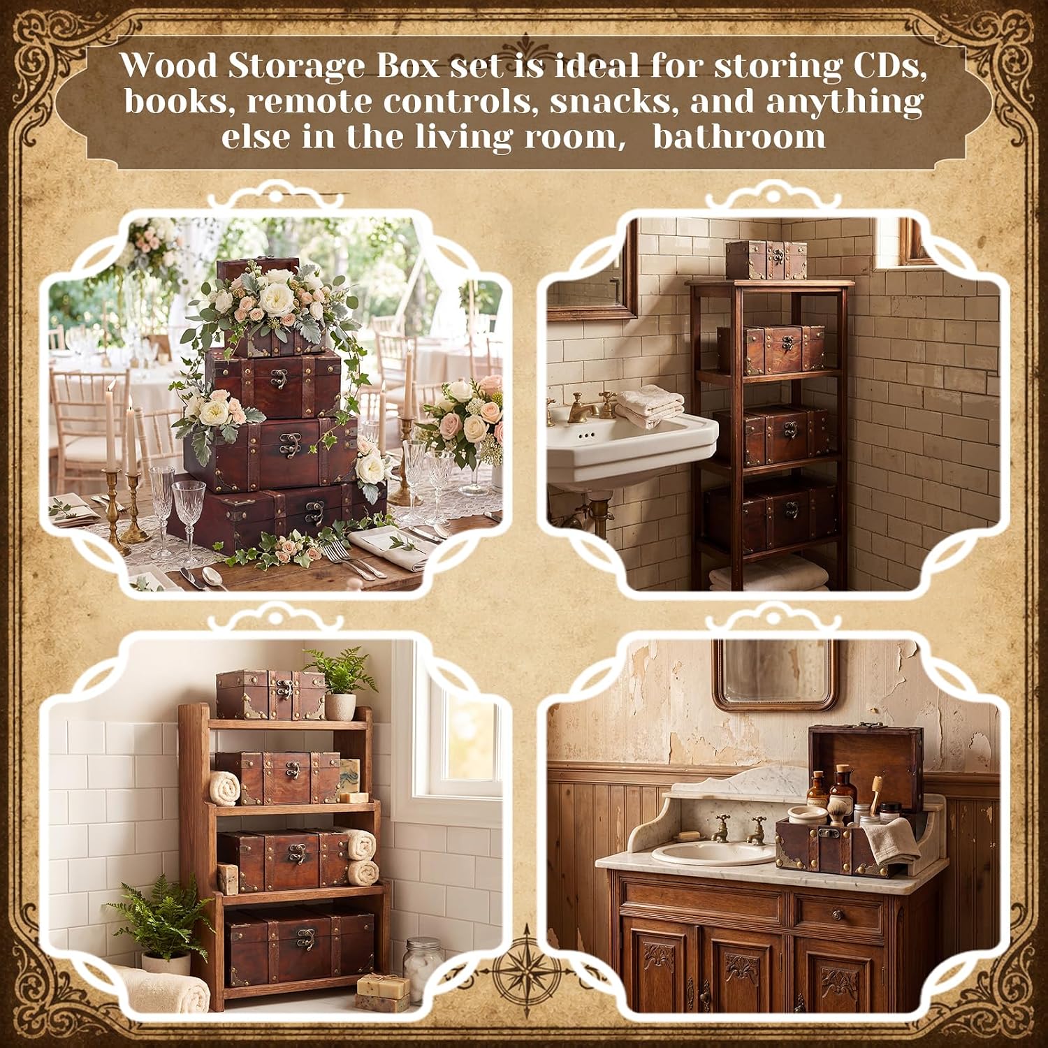 Retro Wood Leather Lock Treasure Storage Chest 4 Pack