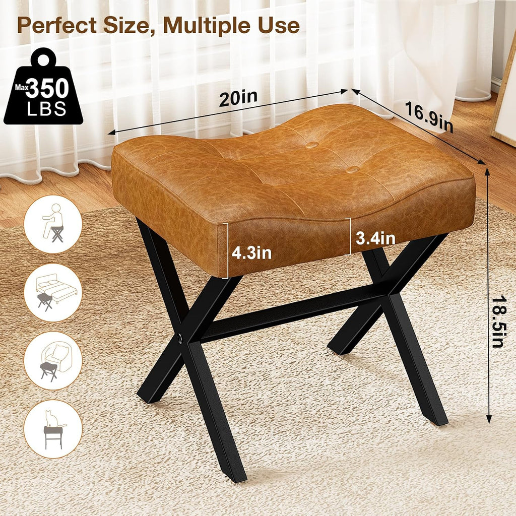 Brown Leather Metal X-Leg Vanity Ottoman Stool