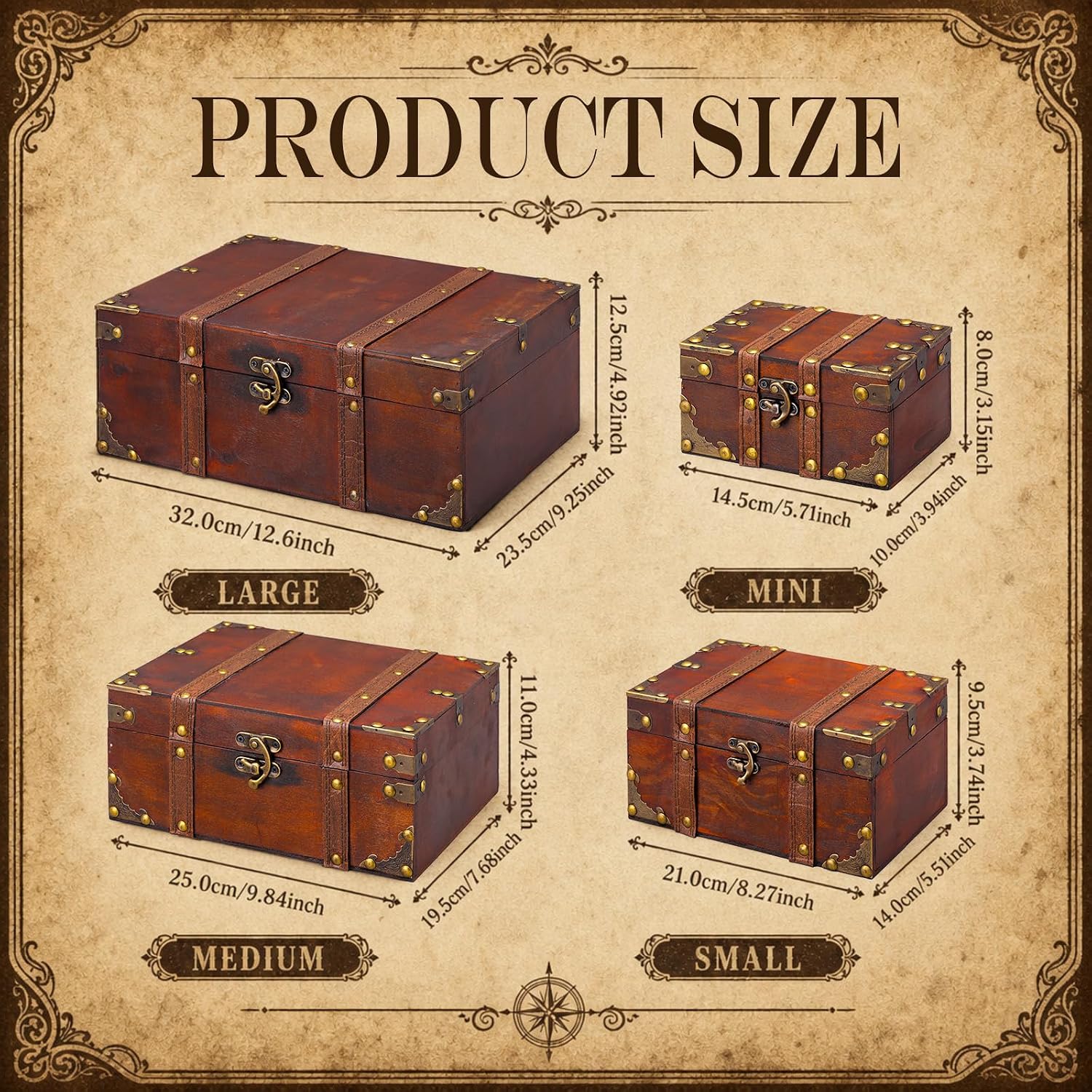 Retro Wood Leather Lock Treasure Storage Chest 4 Pack