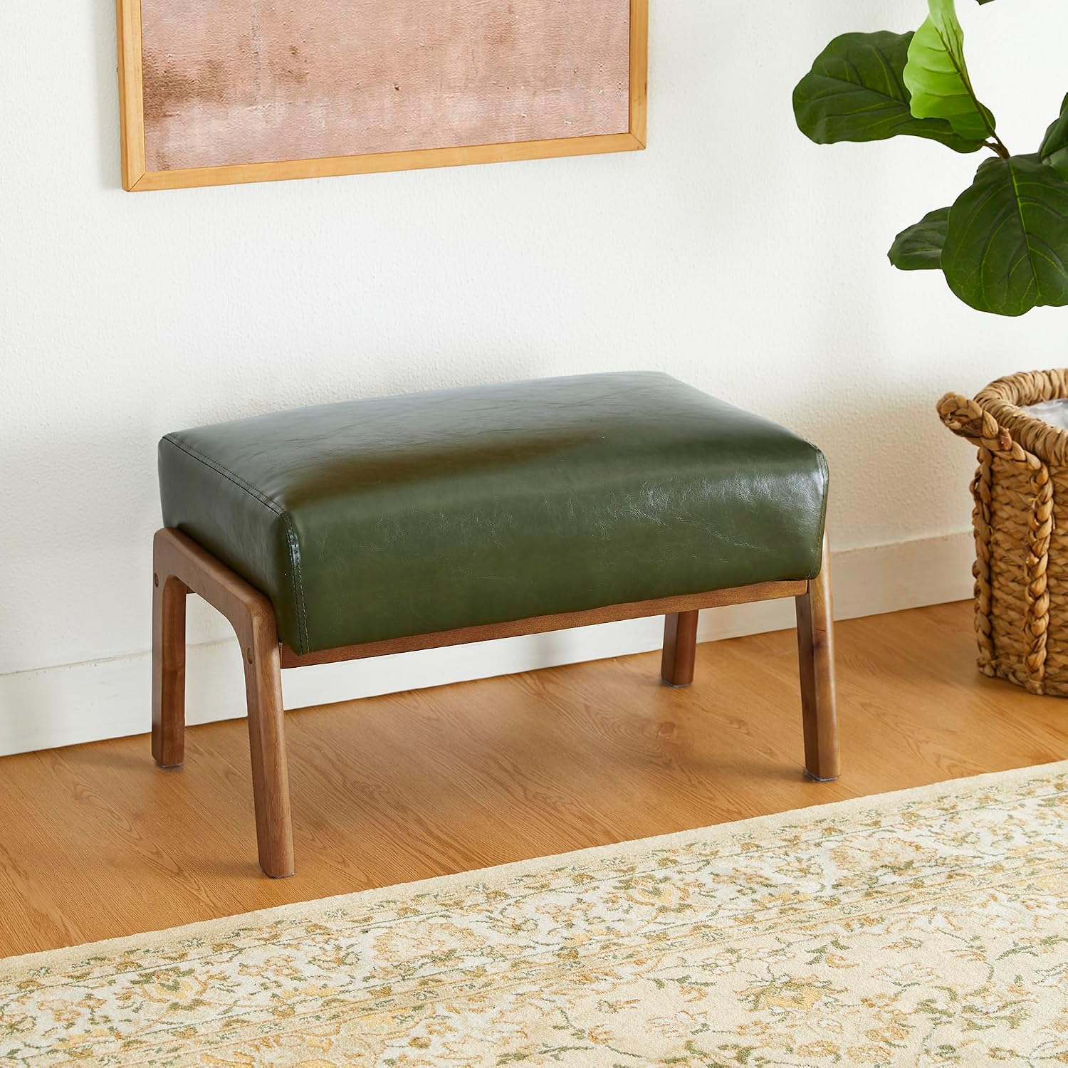 Hunter Green Leatherette Wooden Frame Footrest Ottoman Bench