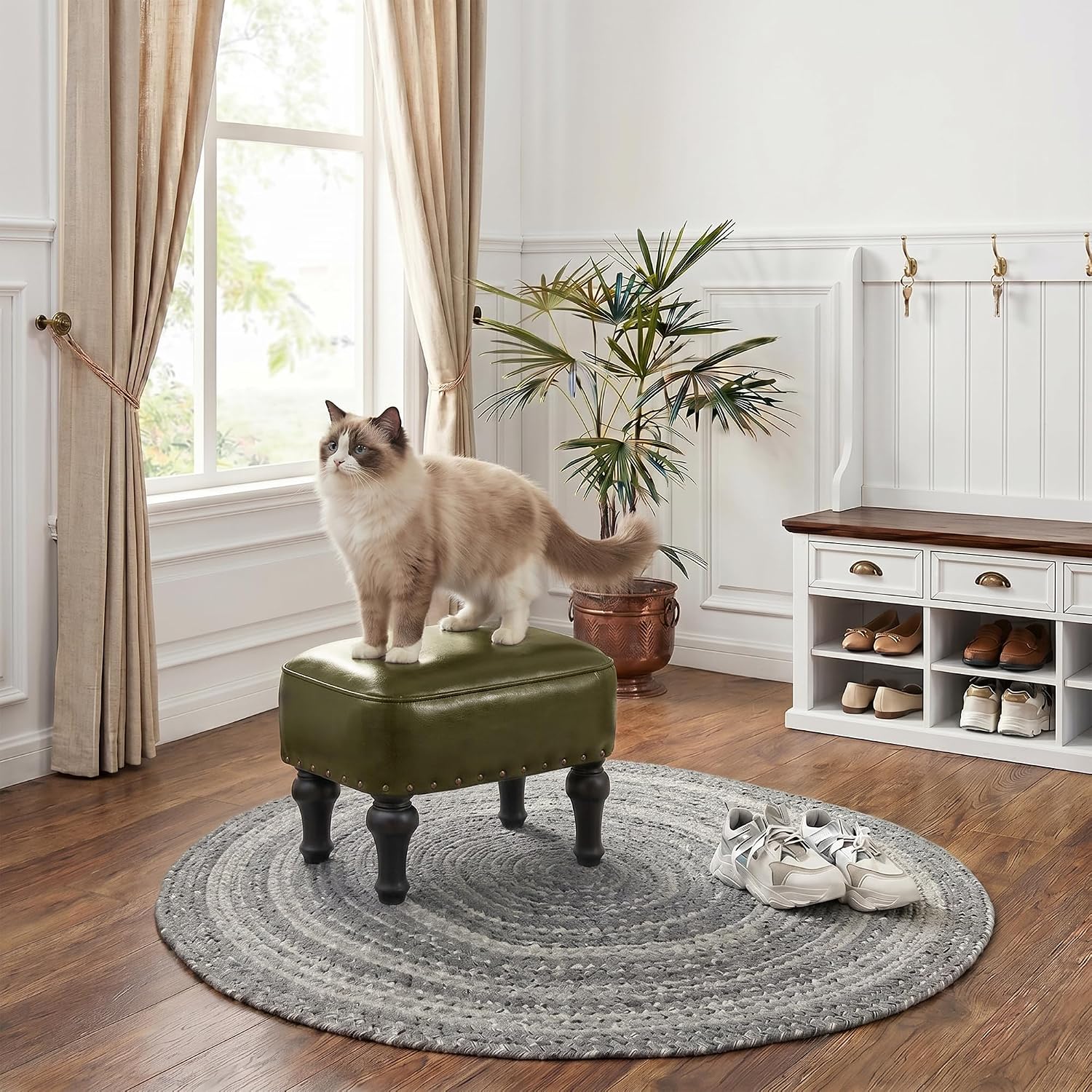 Green Leather Beechwood Storage Ottoman Footrest