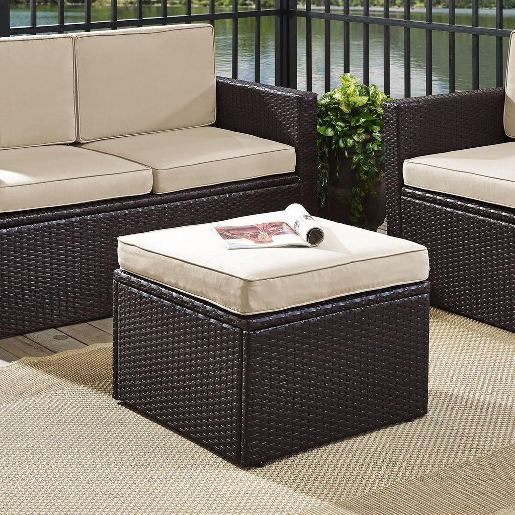 Brown Wicker Outdoor Ottoman Sand Cushions