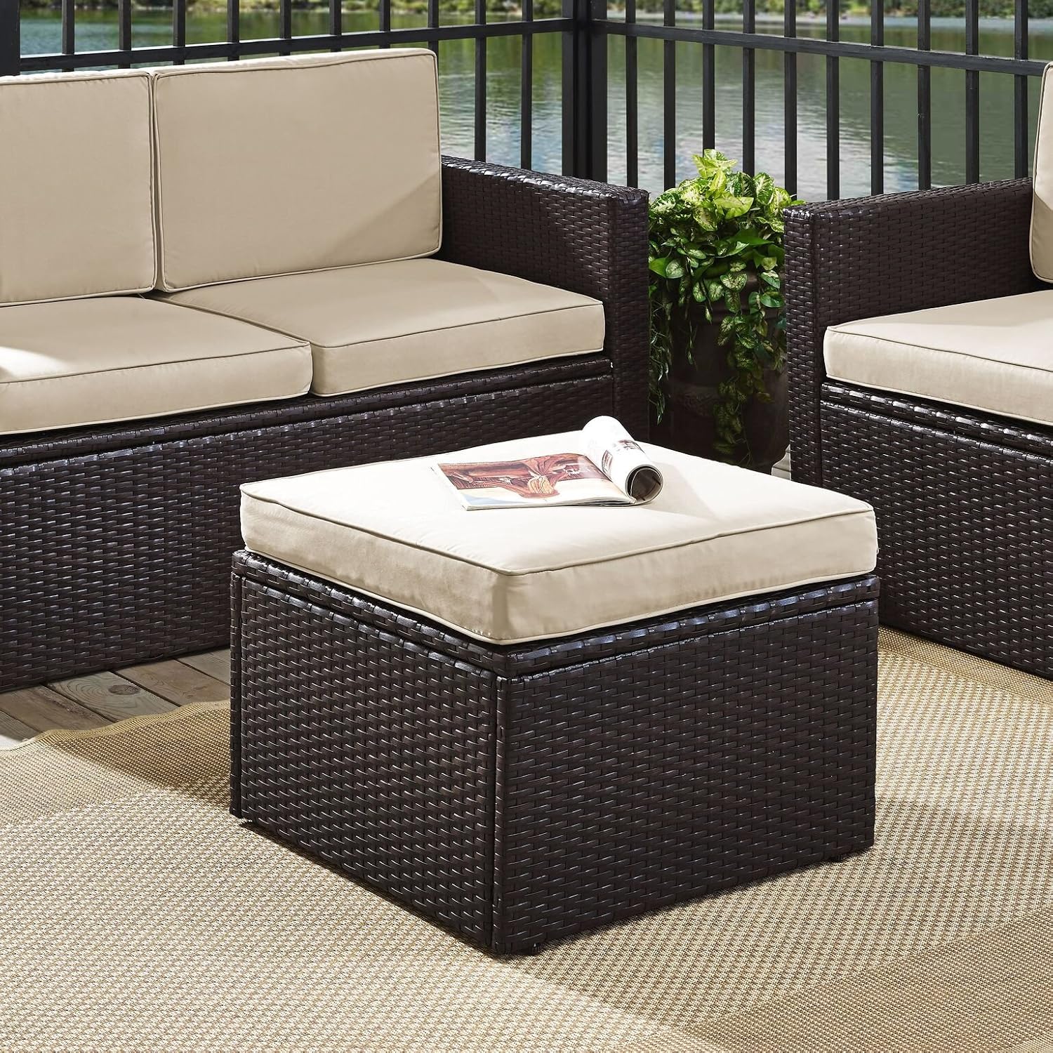 Brown Wicker Outdoor Ottoman Sand Cushions