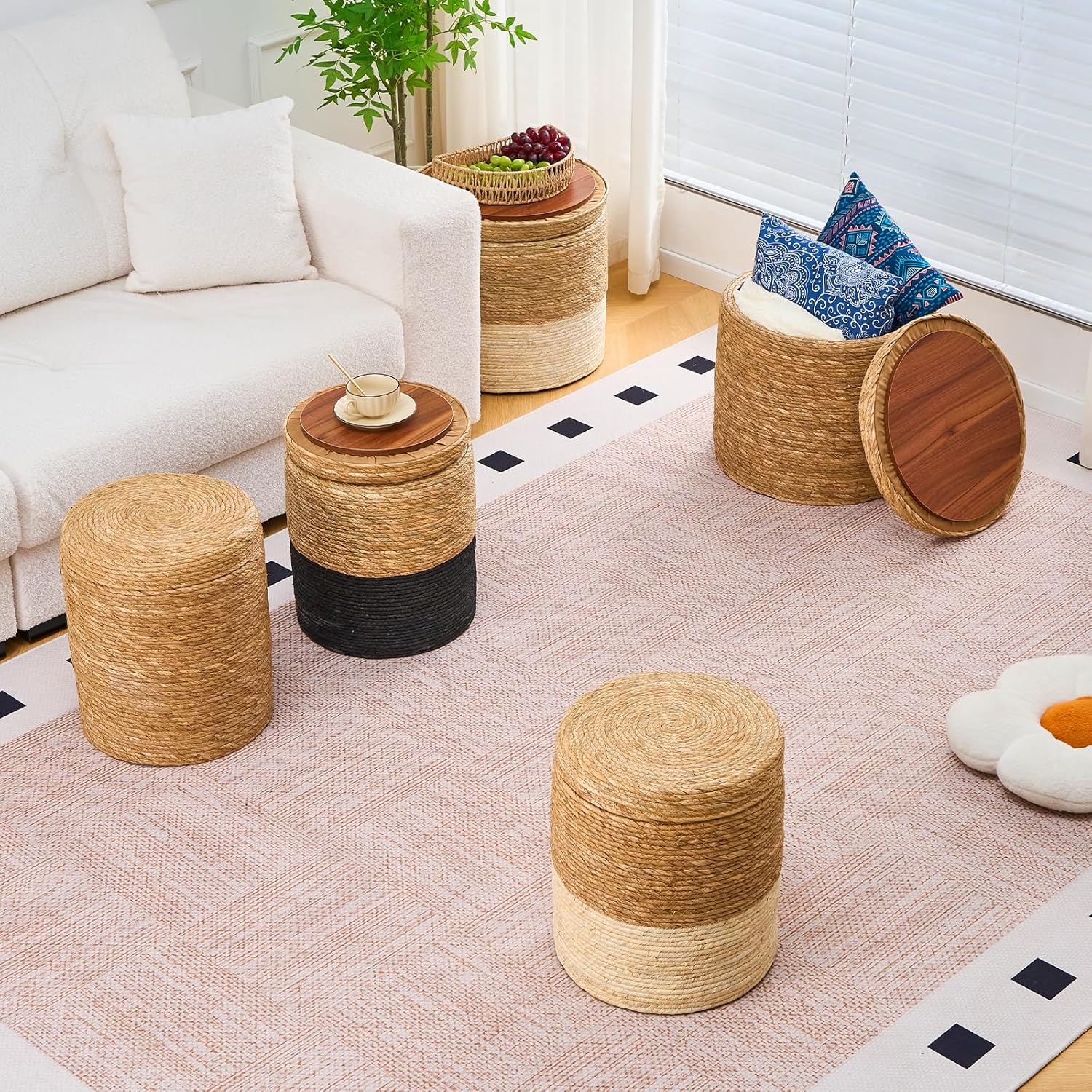 Boho Woven Straw Round Outdoor Pouf Ottoman