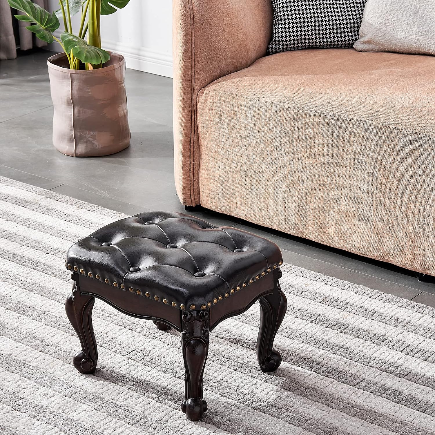 Dark Brown Microfiber Leather Wood Ottoman Footrest