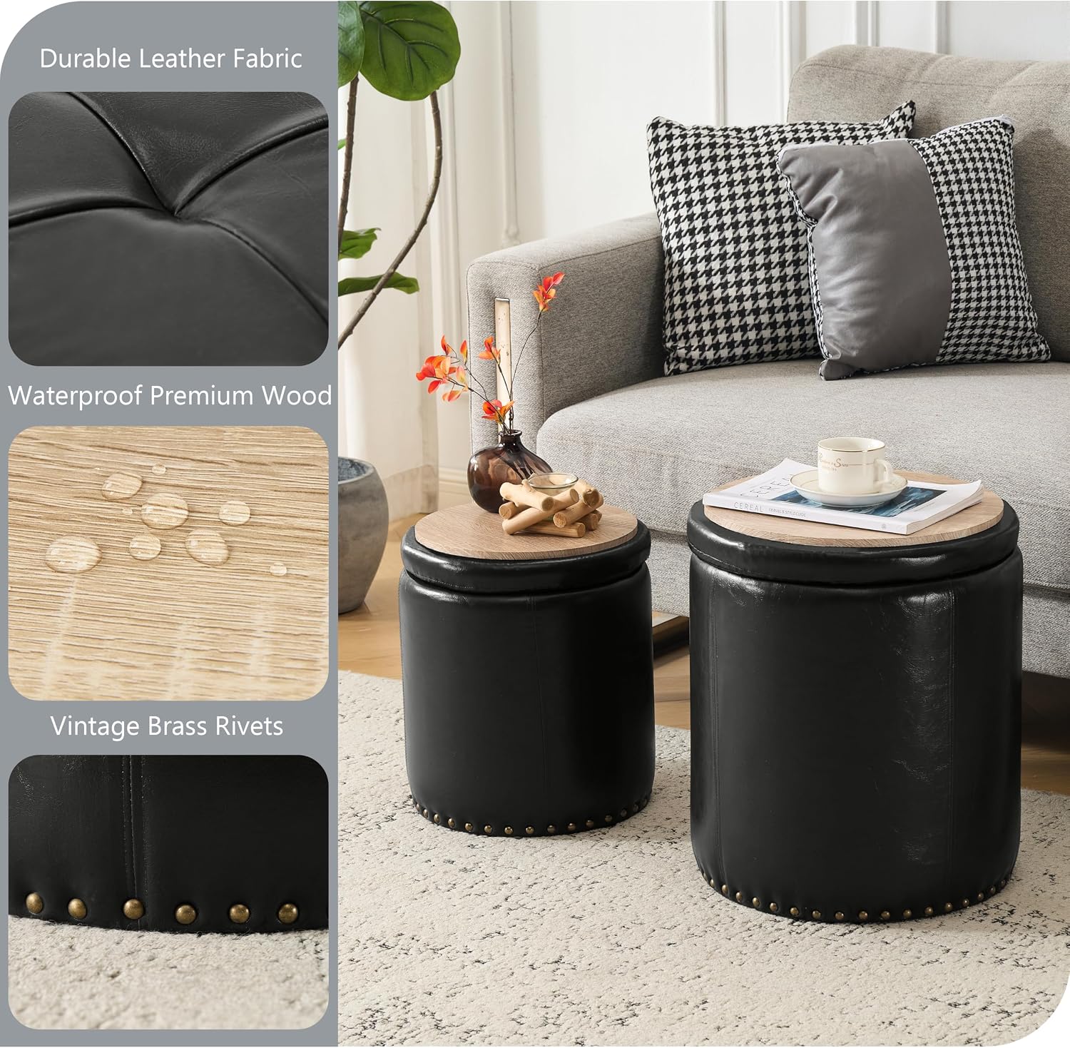 Black Tufted Faux Leather Round Storage Ottomans